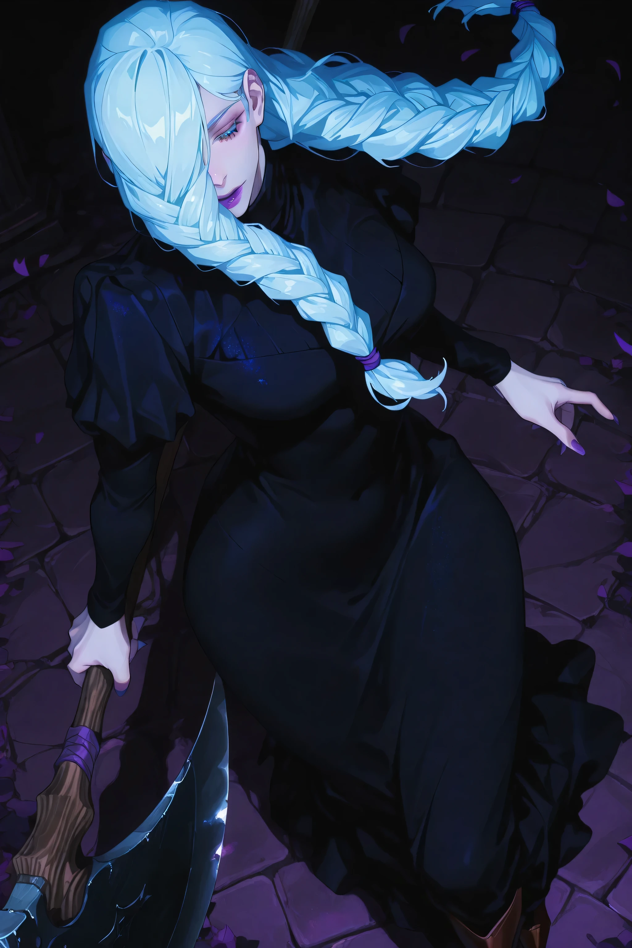 absurdres, masterpiece, best quality, very aesthetic, 1girl, solo,
anime coloring,  ChopioMeiMei, white hair, looking at viewer,
medium breasts, purple nails, long fingernails, wide hips,
long hair, braided ponytail, hair tie, front ponytail, hair over one eye, purple eyes, violet lipstick, half-closed eyes,
outfit_1, dark blue dress, turtleneck dress, juliet sleeves, high heel boots, brown footwear,
holding axe in air one arm looking down at viewer wides eyes v2 
(1 girl, solo, , eyeliner,  sexy lips,