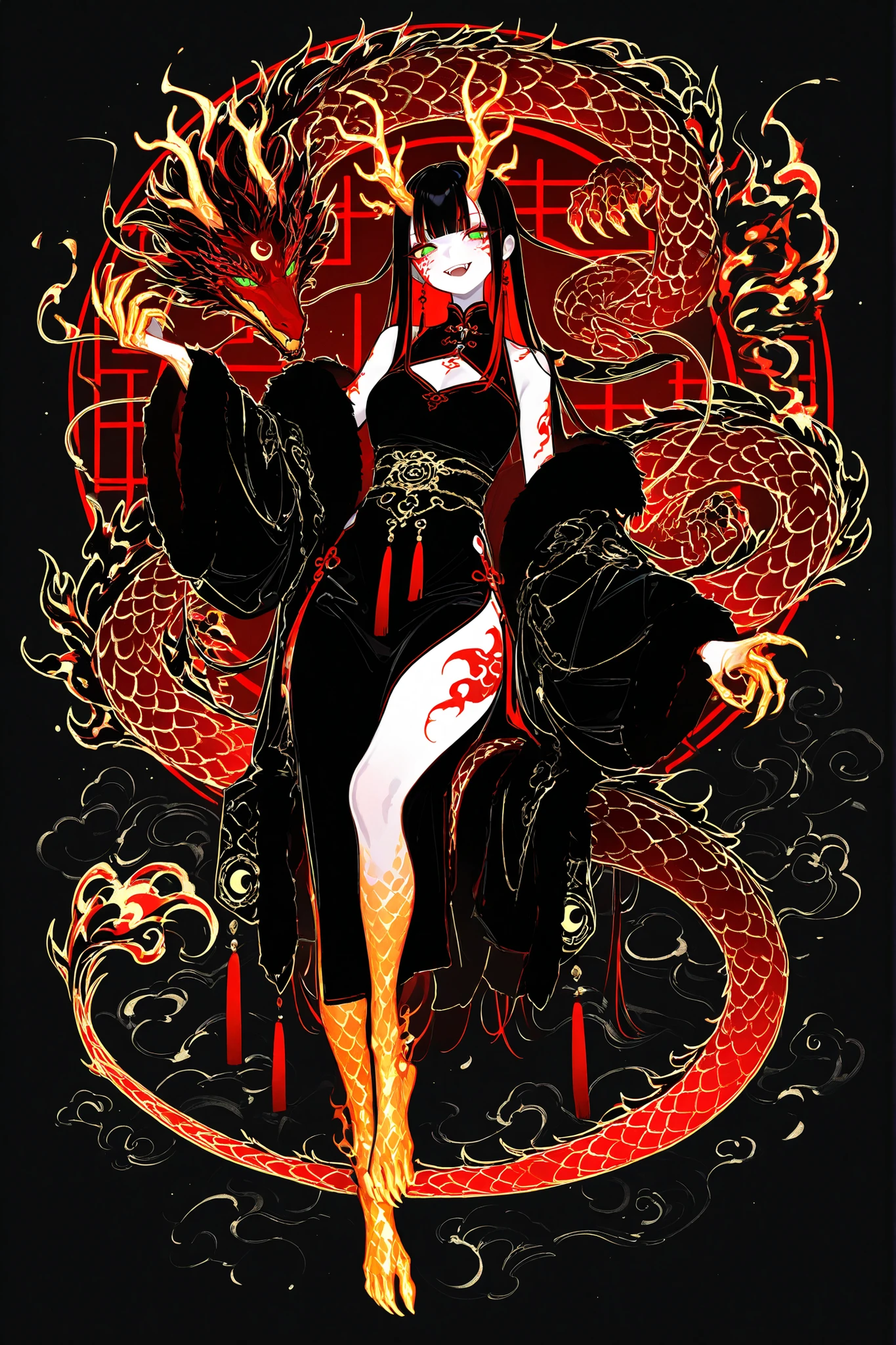 (xxx667_illu,dragon_hybrid,) Girl is golden-red dragon Lúng ,she is hybrid of Eastern dragon. She has a sporty feminine bodybuilding. Her face has asian features. She has green jade narrow eyes. She has a pale skin covered with golden-red scales. Her scaly dragon paws has long golden crescent-shaped claws. She has gold fire tattoos on her face.  Her lips red, she has a gold sharp fangs. She has eyebrows with long tassels. She has jet-black straight hair with red highlights, high traditional Chinese hairstyle.  She has four golden branched dragon horns. She has long pointy red fluffy dragon ears. She has a  immensely long mighty scaly  red dragon tail with black mane along the spine and black fluffy tassel on tip of her tail.  She's wearing a black Chinese traditional robe-dress. She she's barefoot. (On the background: Chinese temple in the middle 
of coniferous forest high in the mountains.)