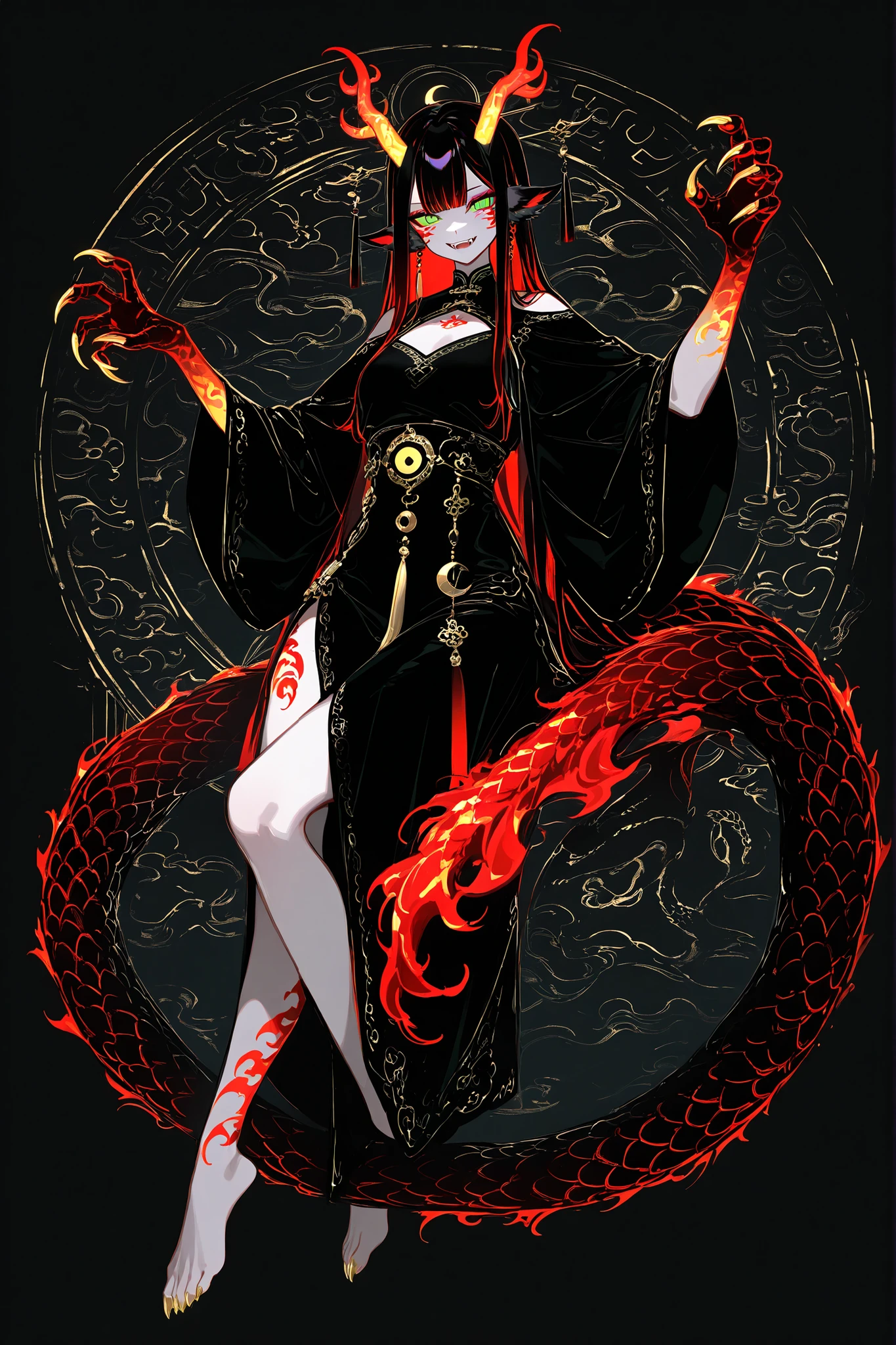 (xxx667_illu,dragon_hybrid,) Girl is golden-red dragon Lúng ,she is hybrid of Eastern dragon. She has a sporty feminine bodybuilding. Her face has asian features. She has green jade narrow eyes. She has a pale skin covered with golden-red scales. Her scaly dragon paws has long golden crescent-shaped claws. She has gold fire tattoos on her face. Her lips red, she has a gold sharp fangs. She has eyebrows with long tassels. She has jet-black straight hair with red highlights, high traditional Chinese hairstyle. She has four golden branched dragon horns. She has long pointy red fluffy dragon ears. She has a immensely long mighty scaly red dragon tail with black mane along the spine and black fluffy tassel on tip of her tail. She's wearing a black Chinese traditional robe-dress. She she's barefoot. (On the background: Chinese temple in the middle
of coniferous forest high in the mountains.)