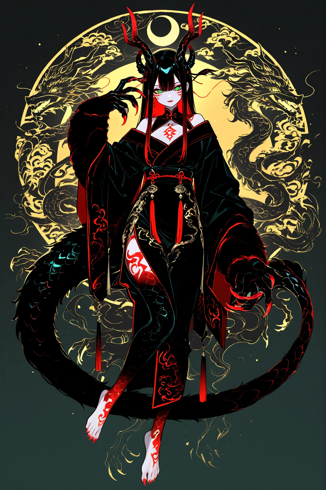 (xxx667_illu,dragon_hybrid,) Girl is golden-red dragon Lúng ,she is hybrid of Eastern dragon. She has a sporty feminine bodybuilding. Her face has asian features. She has green jade narrow eyes. She has a pale skin covered with golden-red scales. Her scaly dragon paws has long golden crescent-shaped claws. She has gold fire tattoos on her face. Her lips red, she has a gold sharp fangs. She has eyebrows with long tassels. She has jet-black straight hair with red highlights, high traditional Chinese hairstyle. She has four golden branched dragon horns. She has long pointy red fluffy dragon ears. She has a immensely long mighty scaly red dragon tail with black mane along the spine and black fluffy tassel on tip of her tail. She's wearing a black Chinese traditional robe-dress. She she's barefoot. (On the background: Chinese temple in the middle
of coniferous forest high in the mountains.)