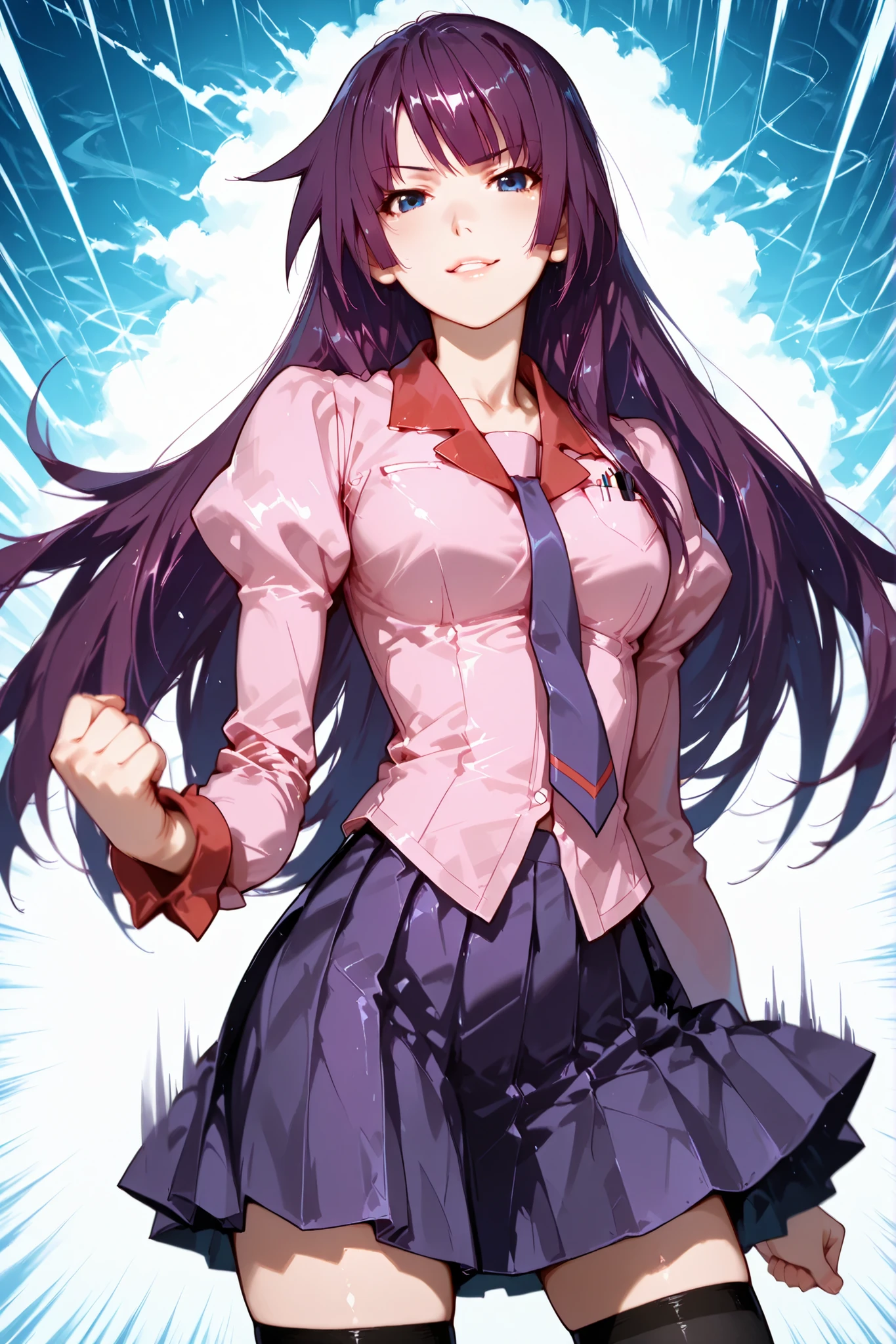 1 girl, hitagi senjougahara, long hair, hime cut, purple hair, blue eyes, long sleeves, puffy sleeves, pink shirt, untucked shirt, breast pocket, purple tie, purple skirt, pleated skirt, black thighhighs, zettai ryouiki, loafers, good anatomy, standing, abstract background, looking at the viewer, detailed hands, fighting dynamic pose, arm movement, cinematic angle, action scene, motion lines, motion blur, motion effect, parted lips, smirk, provocative, top quality, masterpiece, ultra detailed, very aesthetic ,748cmstyle