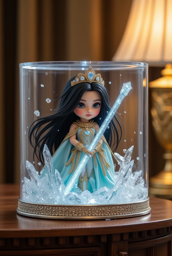 Miniature girl character with fluttering black hair, tiara di jidat, mata biru kristal, harness kristal rumit, long banana-shaped sword with magical aura, pose heroik, ice and light particle effect, placed in luxury glass box with silver and crystal design, displayed on plain mahogany wood table in luxury hotel lobby, Soft lighting of table lamp, crystal reflection on table surface, sharp glass and mahogany texture detail, resolusi tinggi, detail ultra halus, epic fantasy miniature style