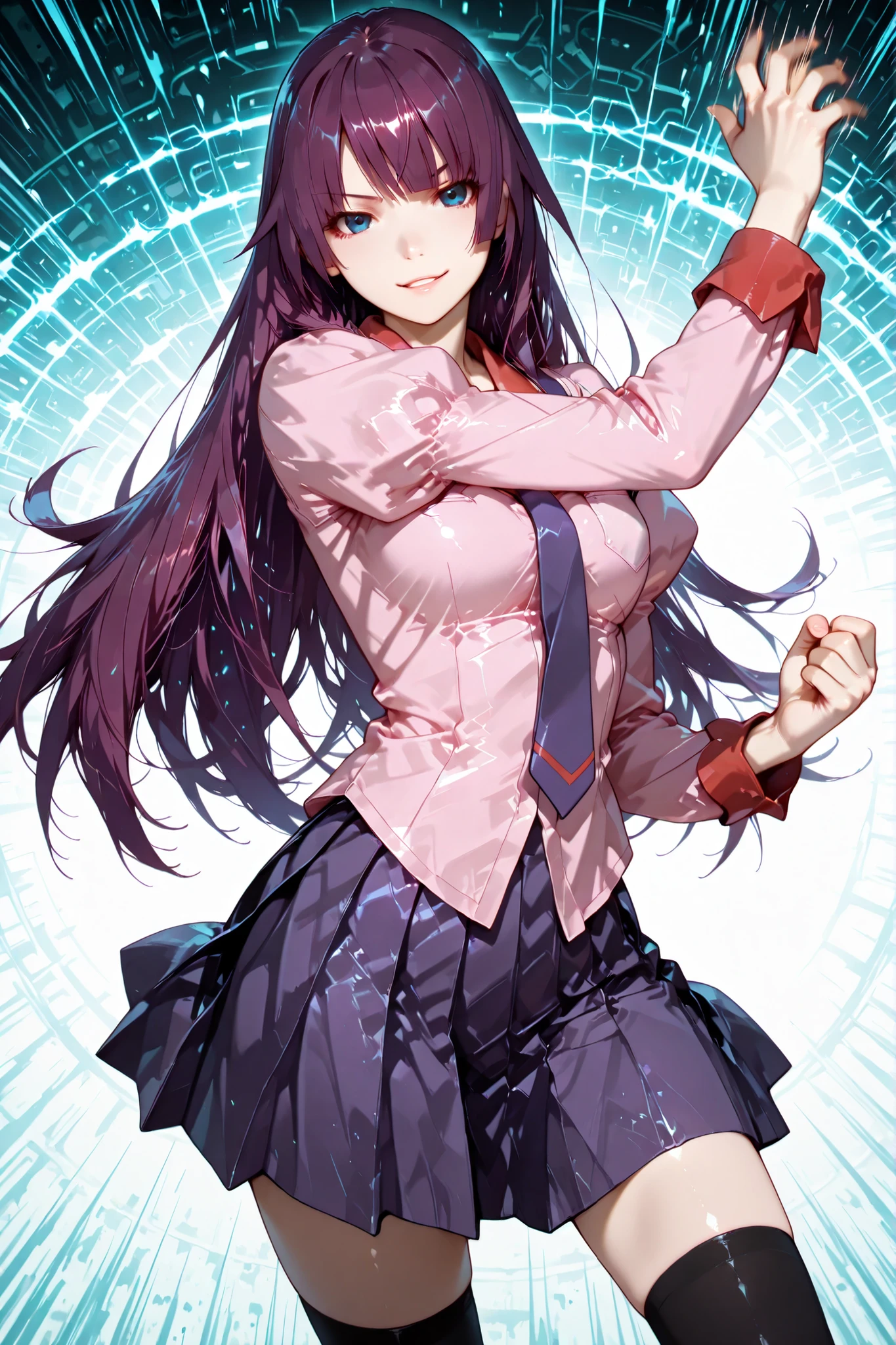 1 girl, hitagi senjougahara, long hair, hime cut, purple hair, blue eyes, long sleeves, puffy sleeves, pink shirt, untucked shirt, breast pocket, purple tie, purple skirt, pleated skirt, black thighhighs, zettai ryouiki, loafers, good anatomy,  standing, abstract background, looking at the viewer, detailed hands, fighting dynamic pose, arm movement, cinematic angle, action scene, motion lines, motion blur, motion effect, parted lips, smirk, provocative, top quality, masterpiece, ultra detailed, very aesthetic
