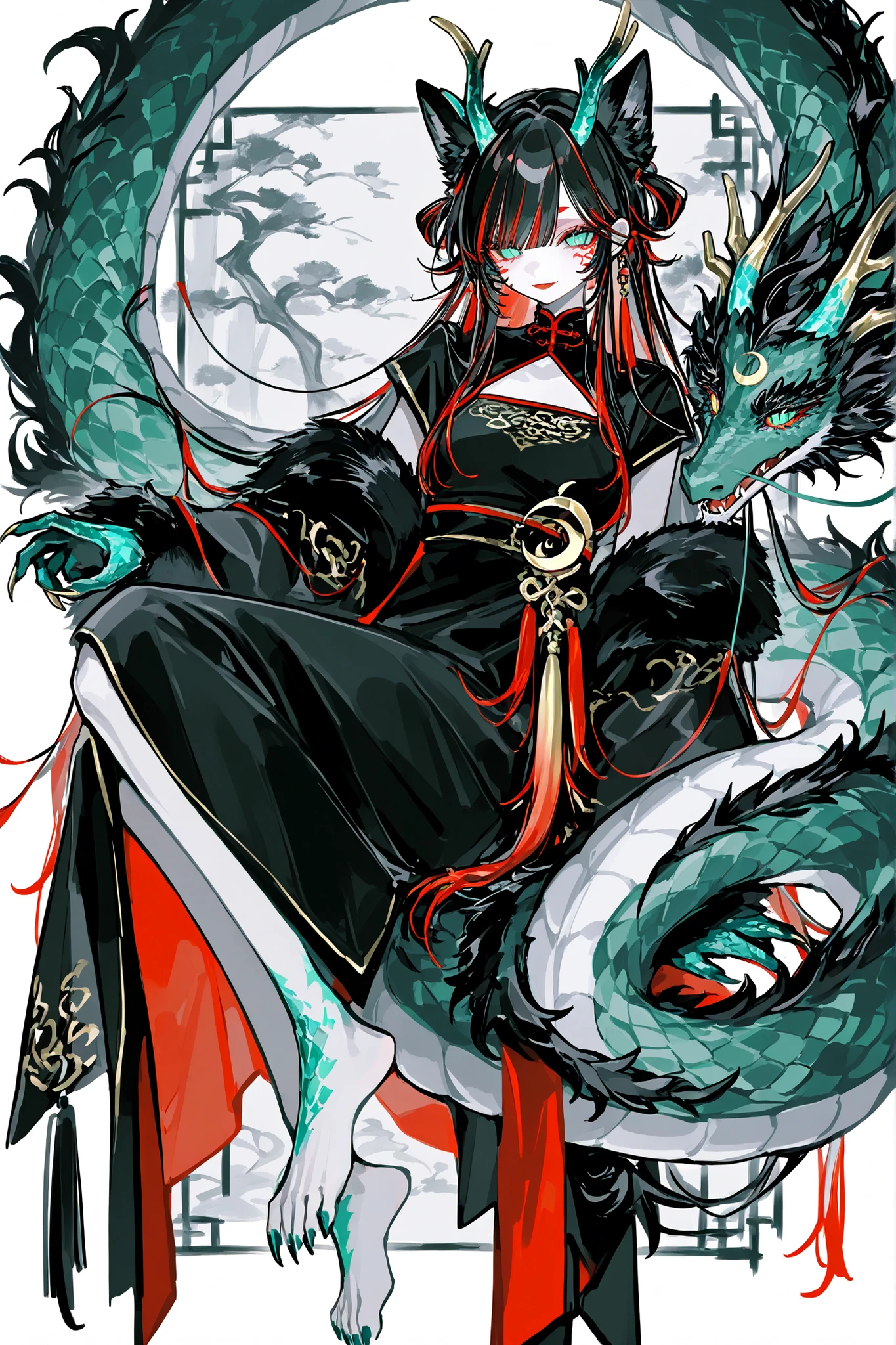 (xxx667_illu,dragon_hybrid,) Girl is golden-red dragon Lúng ,she is hybrid of Eastern dragon. She has a sporty feminine bodybuilding. Her face has asian features. She has green jade narrow eyes. She has a pale skin covered with golden-red scales. Her scaly dragon paws has long golden crescent-shaped claws. She has gold fire tattoos on her face. Her lips red, she has a gold sharp fangs. She has eyebrows with long tassels. She has jet-black straight hair with red highlights, high traditional Chinese hairstyle. She has four golden branched dragon horns. She has long pointy red fluffy dragon ears. She has a immensely long mighty scaly red dragon tail with black mane along the spine and black fluffy tassel on tip of her tail. She's wearing a black Chinese traditional robe-dress. She she's barefoot. (On the background: Chinese temple in the middle
of coniferous forest high in the mountains.)