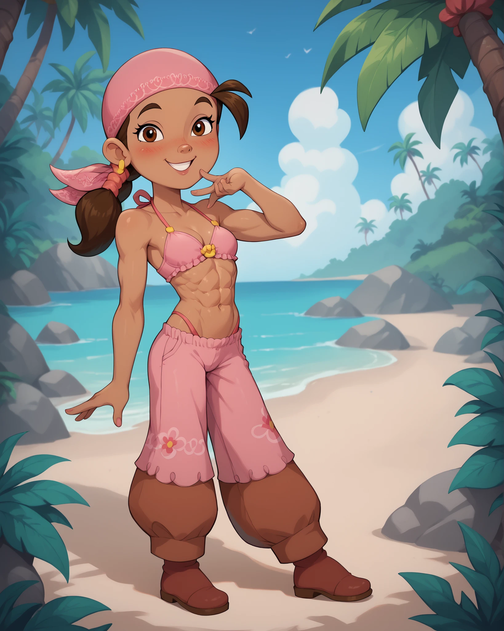 Izzy (jake and the Neverland pirates),cute,hot,sexy,pink bikini, looking at viewer lustfully while blushing,full body view,brown skin, stomach abs