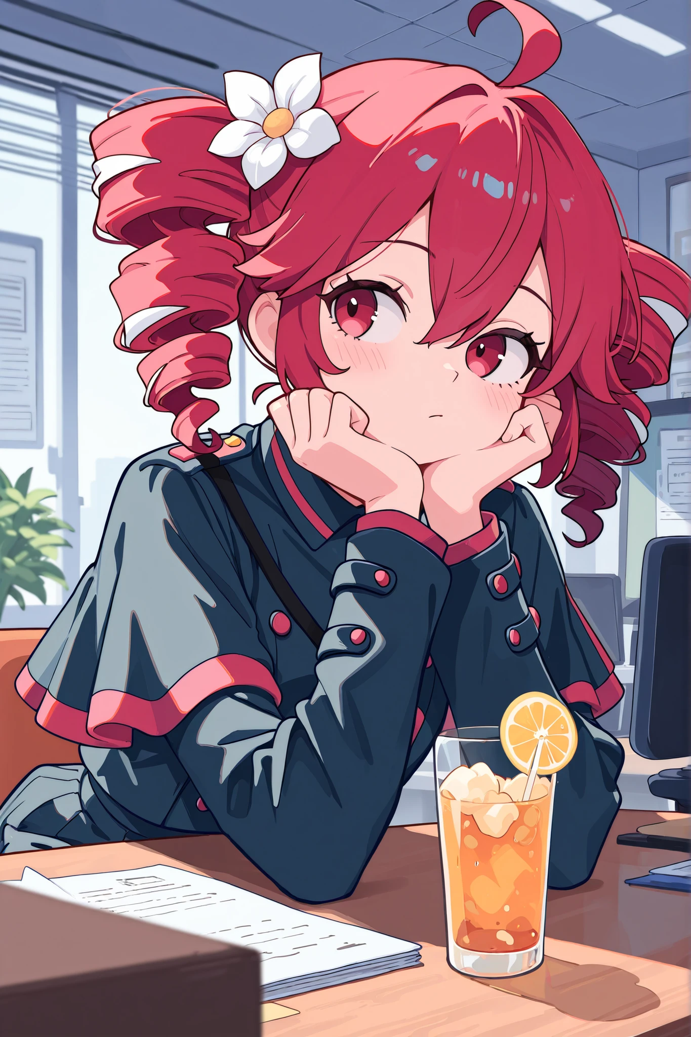 1girl,kasane_teto, minimalist coloring,looking to the side, head rest,drink,office,masterpiece, best_quality, absurdres, newest, very aesthtetic, solo, indoor, vases, flower vases 