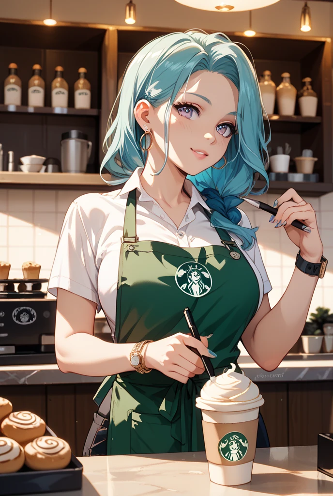 Pretty asian woman, long bright silver hair, perfect face, , portrait, fun and smiling, standing in the center of a coffee shop