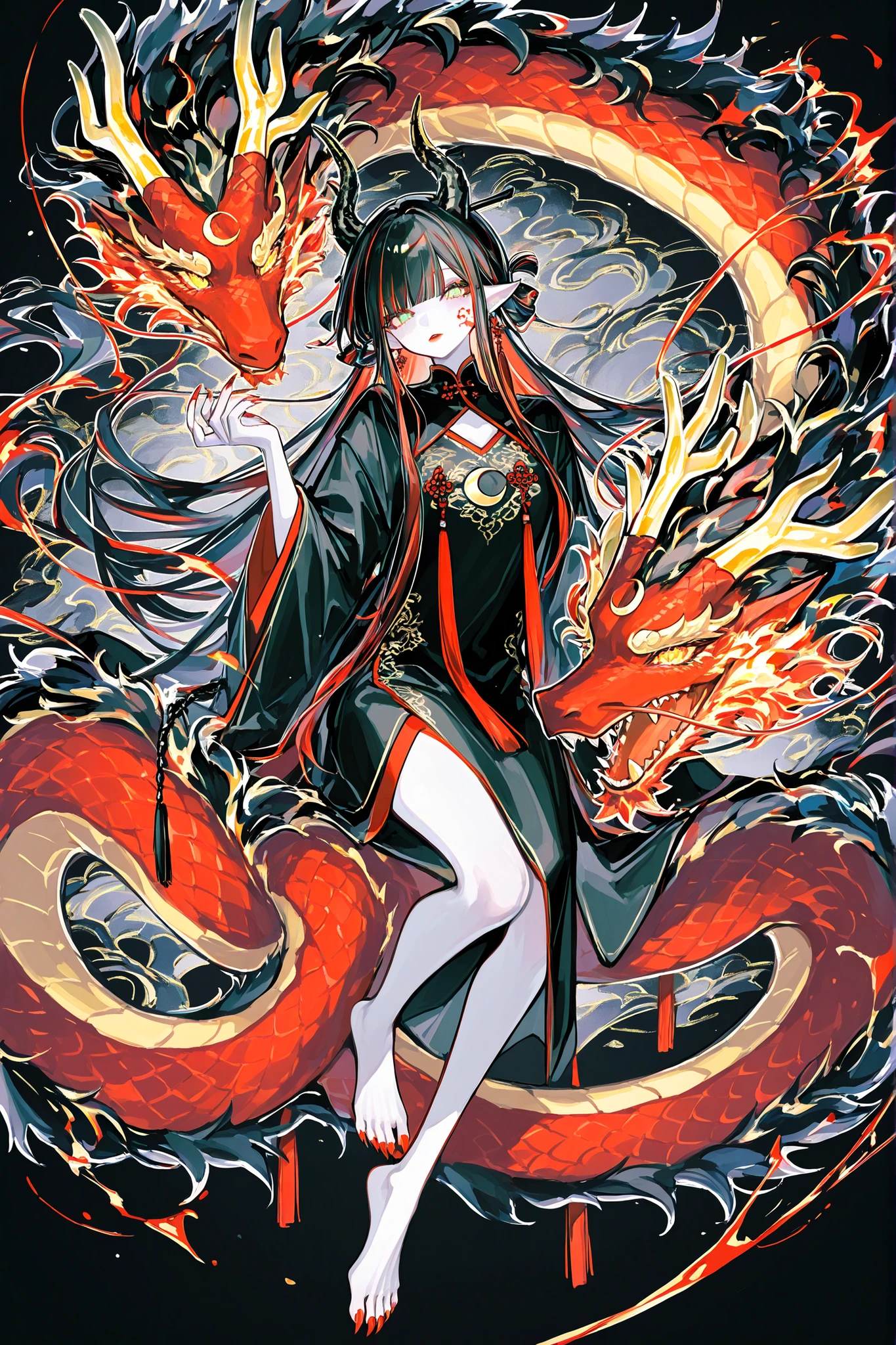 (xxx667_illu,dragon_hybrid,) Girl is golden-red dragon Lúng ,she is hybrid of Eastern dragon. She has a sporty feminine bodybuilding. Her face has asian features. She has green jade narrow eyes. She has a pale skin covered with golden-red scales. Her scaly dragon paws has long golden crescent-shaped claws. She has gold fire tattoos on her face. Her lips red, she has a gold sharp fangs. She has eyebrows with long tassels. She has jet-black straight hair with red highlights, high traditional Chinese hairstyle. She has four golden branched dragon horns. She has long pointy red fluffy dragon ears. She has a immensely long mighty scaly red dragon tail with black mane along the spine and black fluffy tassel on tip of her tail. She's wearing a black Chinese traditional robe-dress. She she's barefoot. (On the background: Chinese temple in the middle
of coniferous forest high in the mountains.)