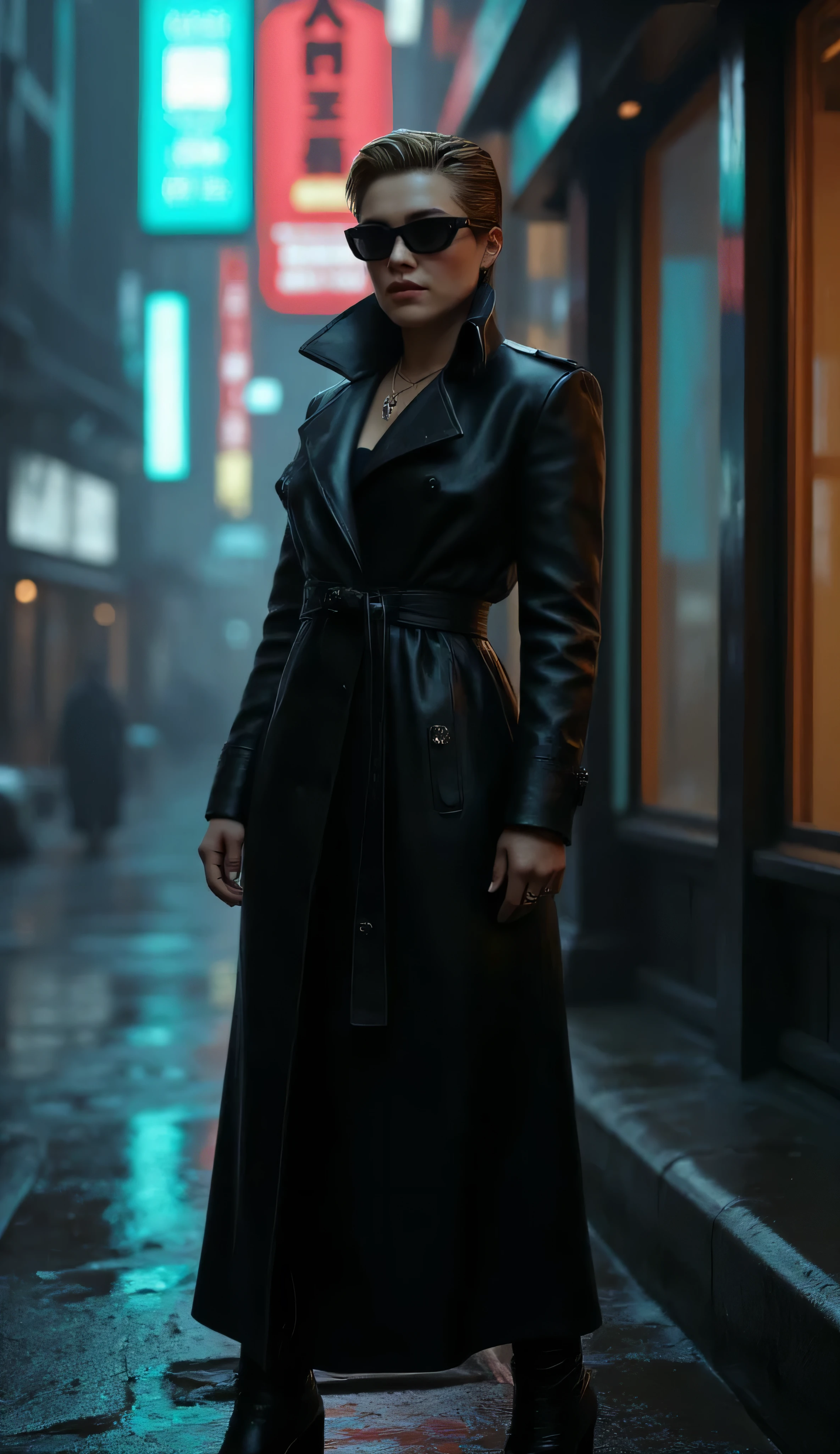 Florence Pugh, The Matrix, cinematic cyberpunk aesthetic, sleek black leather trench coat, futuristic sunglasses, short stylish haircut, standing, dark city alley, neon reflections, rain in the background, dynamic action pose, ultra-detailed, dramatic lighting, photorealistic, high contrast, 4k