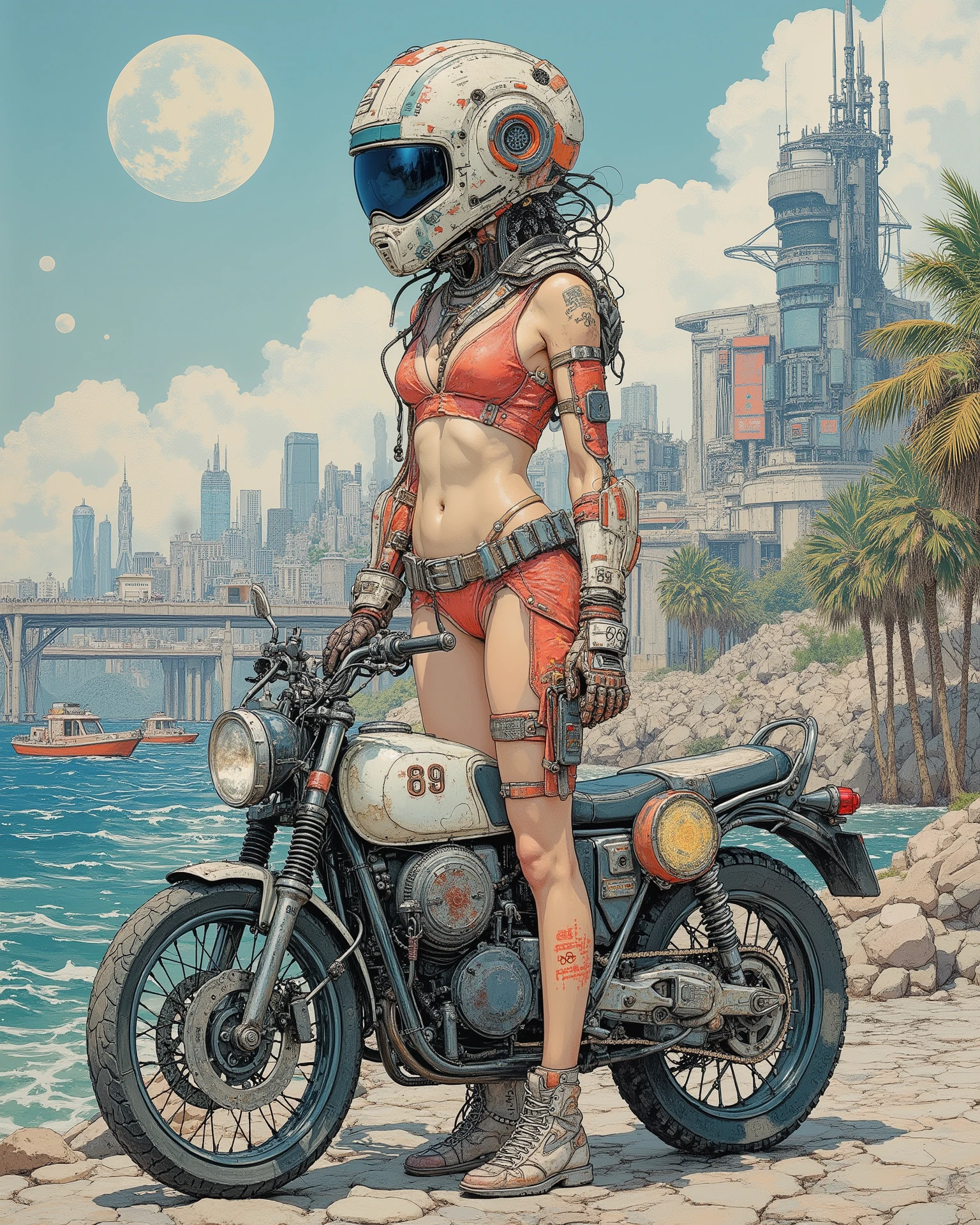 A futuristic scene takes place, shows a woman on top of a solid, научно-фантастический motorcycle на утесе с видом на яркий, blue bay. Her outfit, Tailored, high-tech red bikini, blue, and white, paired with a, boats equipped with integrated technical features, helmet exudes adventurous, speaker, and the cosmic aesthetic. motorcycle, A weathered and solidly constructed, numbered "89" vividly displayed on its side. In the distance, Sprawling, futuristic cityscape stretches across the horizon, scene with towering , advanced structures and massive bridges, connecting rocky ledges. The bay is filled with various futuristic, and the coastline is covered with tall palm trees, , suggesting a fusion of natural beauty and advanced civilization. huge, partially lit moon hanging in the sky, reinforcing the otherworldly atmosphere. The accompanying image is permeated with a sense of exploration and innovation, imagining the advanced world.