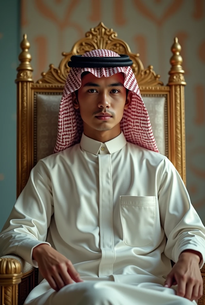 Blonde Yuta Nakamoto sitting cosplaying as Hamdan bin Mohammed Al Maktoum