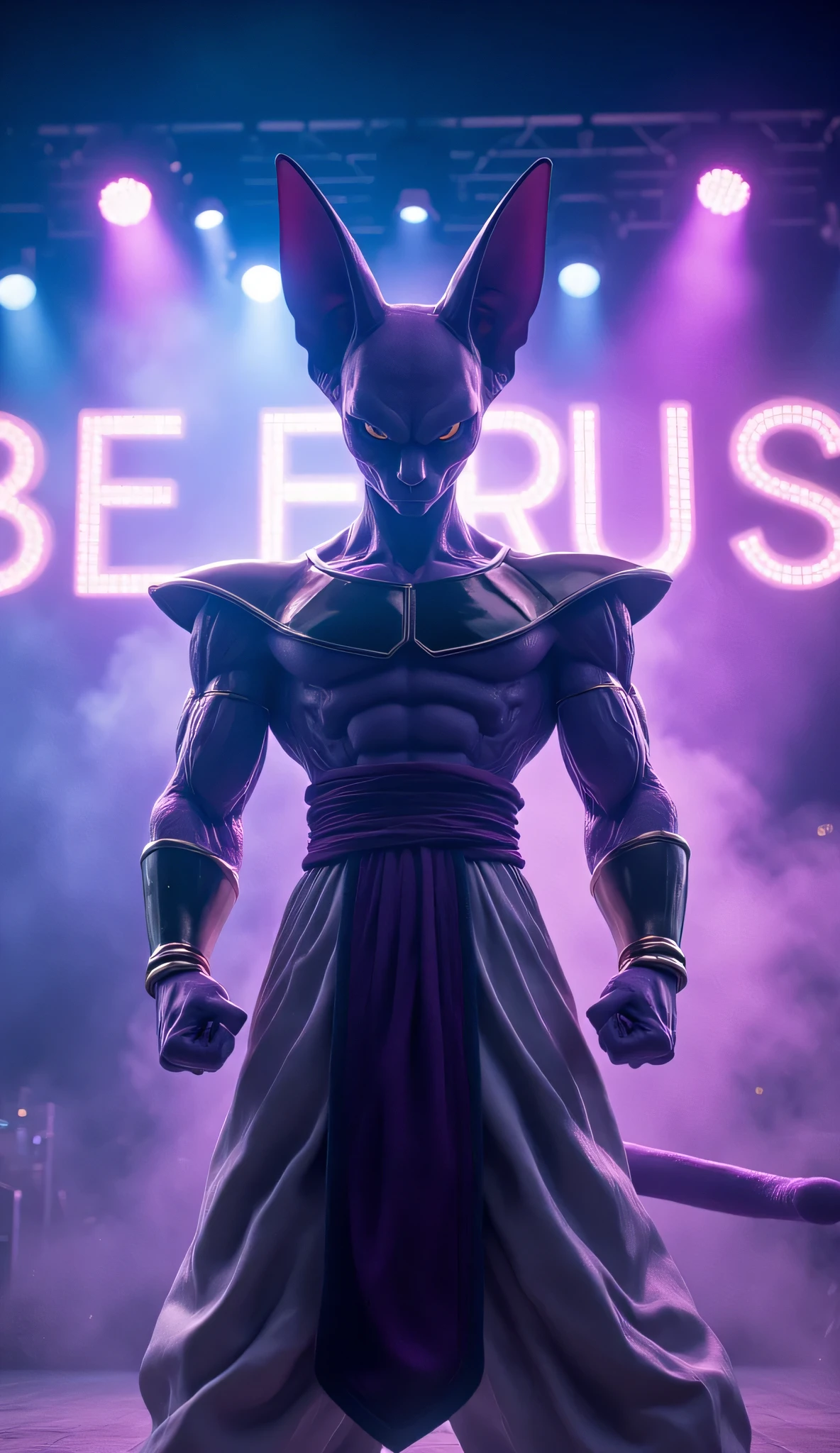 Ultra-realistic scene of Beerus from Dragon Ball Super, a humanoid purple cat-like deity, standing on stage with the name ‘B E E R U S’ written in glowing letters behind him. Beerus is watching Amit Kroh passionately singing on the same stage. Dynamic stage lighting, vibrant spotlights, smoke effects, and subtle lens flares enhance the atmosphere. The scene captures the intensity and realism of a live concert, with detailed textures on Beerus’ skin, clothing, and facial expression, realistic reflections, and depth of field to emphasize the stage presence. Photorealistic rendering, cinematic lighting, high-resolution, hyper-detailed.