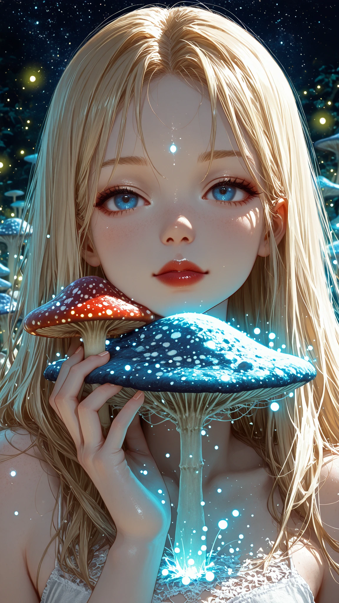 a sexy starfleet explorer woman in a mini dress exploring an alien world, mushroom women inspecting her, beautiful detailed eyes,beautiful detailed lips,extremely detailed eyes and face,longeyeashes,high quality,8k,hyperrealistic,cinematic lighting,sci-fi,vibrant colors,alien landscape,dramatic composition