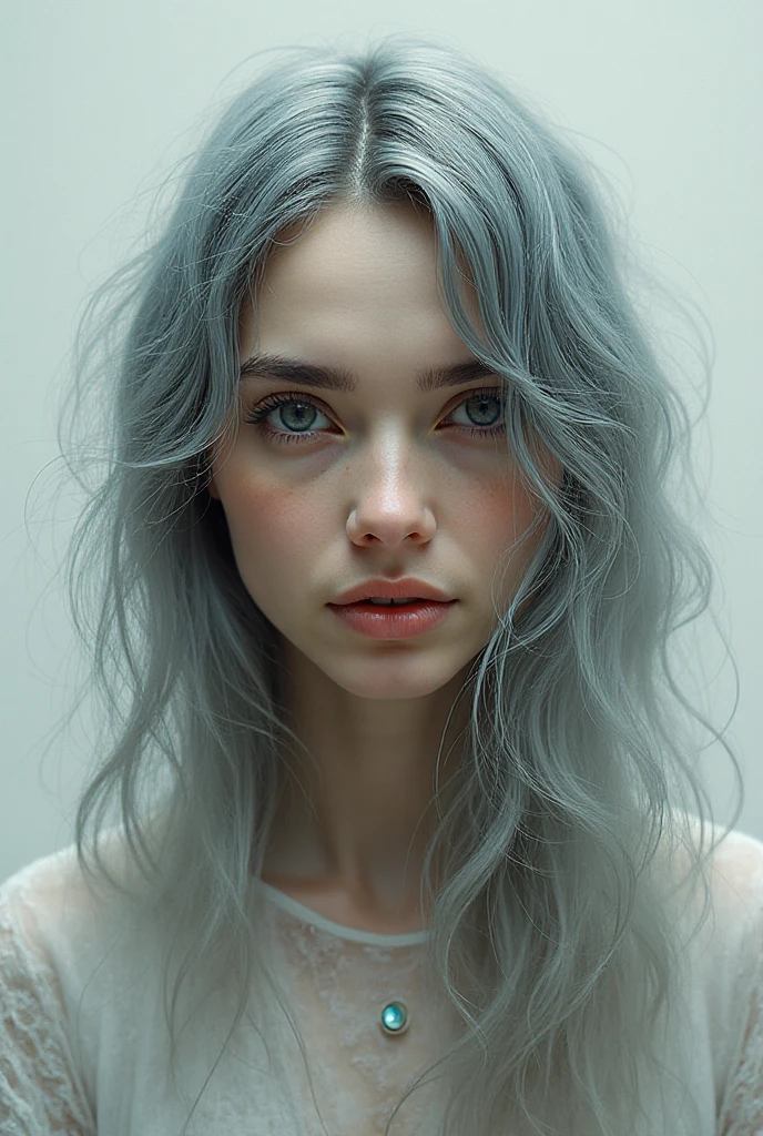 beautiful American girl, (small lips: 1.2), pointed face, sharp features, smooth chin, blue hair, shy look, 18 years old girl, ( focus on face, shallow focus:1.2), head and shoulders portrait, 4k, natural lighting, film grain, SFW