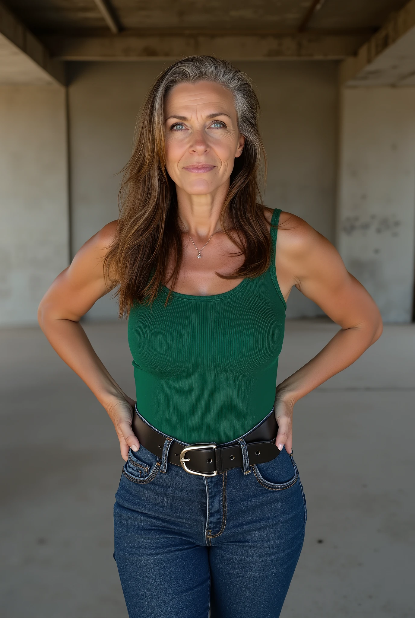 Mature Female, photorealistic, full-body shot, white European mature woman, aged beauty, aged skin with high detail, slim waist, wide , form-fitting green ribbed tank top, skin-tight high-waisted jeans, thick wide leather belt, belt emphasizes narrow waist and hourglass shape. Visual focus on pelvis, , and thighs. Piercing bright light blue eyes, arched eyebrows, side-parted sleek brown hair with grey strands, super long straight hair reaching waist. Standing in an abandoned concrete building, barren interior, daylight, cinematic lighting. Hands on , dominant stance, commanding body language, mistress aura, cold intensity. Looking directly at viewer, strict and self-possessed expression, intimidating and menacing vibe. Confident posture, photorealism, ultra high resolution, crisp sharp focus, extreme skin and fabric texture detail, fashion editorial style, dramatic natural light, DSLR-style realism.