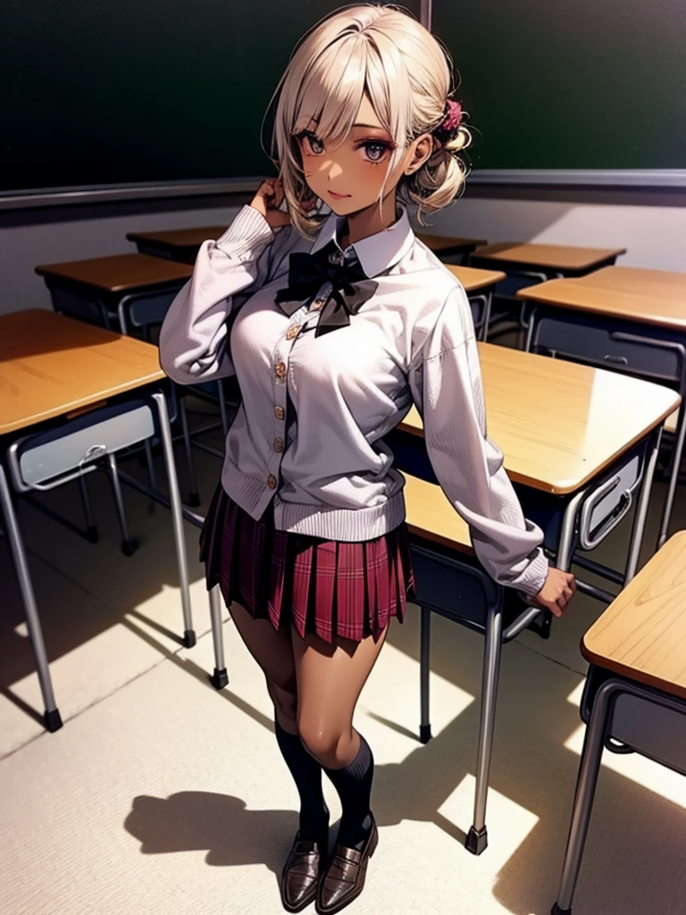 1girl, indoors, shirt, ???????, navel, tied shirt, solo, jewelry, skirt, bracelet, red eyes, blonde hair, short hair, smile, looking at viewer, red skirt, ?????????????, plaid skirt, open mouth, wet, plaid, dark-skinned female, wet shirt, dark skin, necklace, wet clothes, bangs, white shirt, cleavage, collared shirt, gyaru, window, :d, blush, hair between eyes, desk, classroom, earrings, pleated skirt, hand on hip, standing, collarbone, stomach, chair, see-through, midriff, miniskirt, shiny skin, school desk, hand up, cowboy shot, , thighs, teeth, school chair, day, groin, contrapposto, shiny, ear piercing, piercing, ??? visible through thighs, ??????, dress shirt, sleeves rolled up, bead bracelet, stud earrings, long sleeves, tan, front-tie top, upper teeth only, see-through shirt, crop top, bangle, nail polish, fingernails, hand in own hair, sunlight, kogal, star (symbol), covered ???????, tiles, backlighting, wing collar, pendant, sweat, medium hair, beads, short sleeves, curtains, multiple earrings, wristband, ??????????, tile floor, no panties, ????????????, hair intakes, table, long fingernails, unbuttoned, cross necklace, heart necklace, lower teeth only, partially unbuttoned, microskirt, feet out of frame, simple background, cross, crossed bangs, chalkboard, star earrings, lowleg, bob cut, eyelashes, signature, ??????????????, ??????????, sidelocks, mole, navel piercing, tree, artist name, shiny hair, unbuttoned shirt, white background, ceiling, school, wet hair, arm up, hair tucking, ???? legs, pink nails, no humans, sitting, hoop earrings, heart, buttons, ?????????????, round teeth, white nails, long hair, red nails, Uniform distribution, see-through silhouette, socks, evening, fang, shadow, mole on ??????, water, hand to head, sleeves past elbows, tongue, holding, ???????, pearl bracelet, glint,