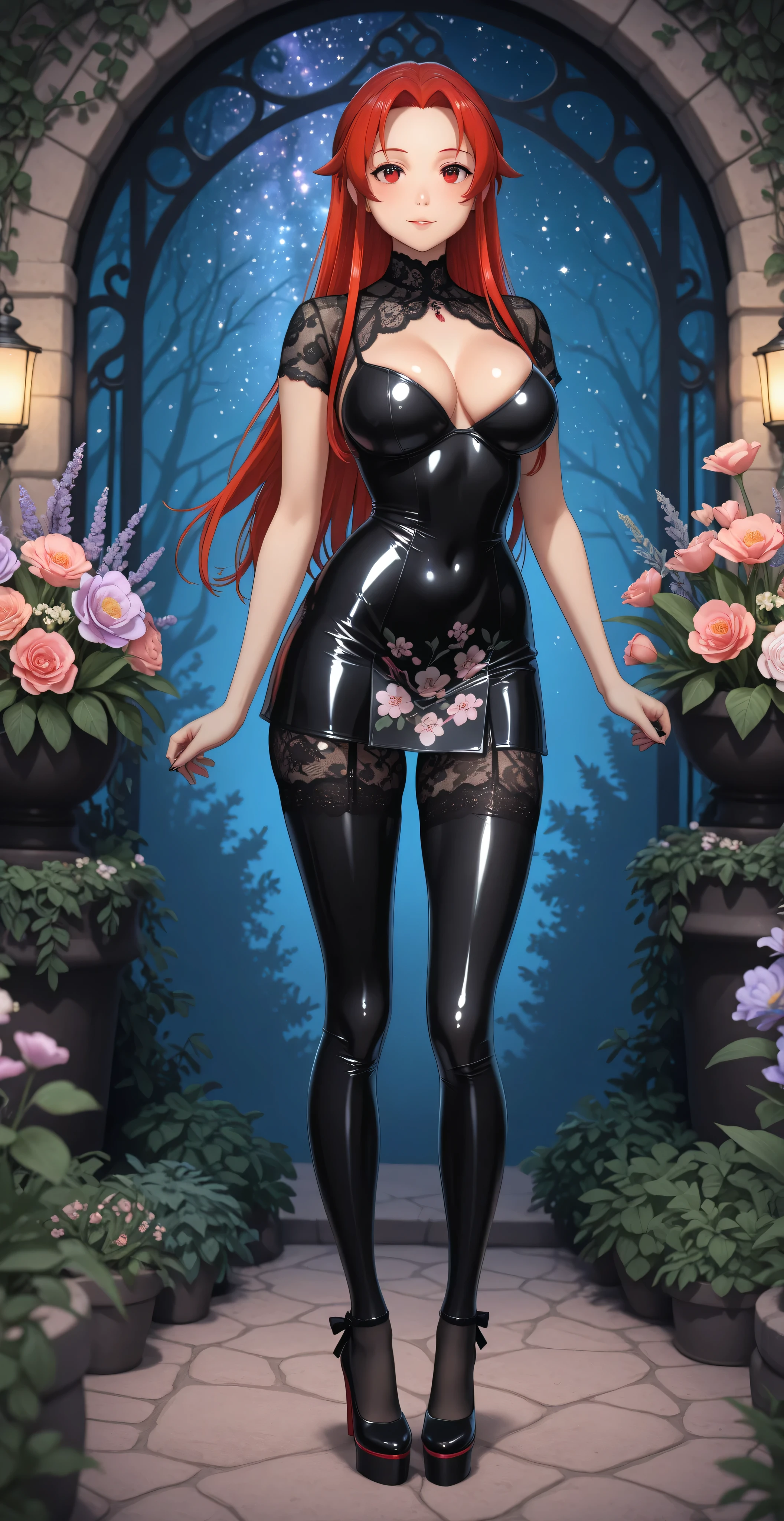 Perfect anatomy. Photo RAW. masterpiece. ultra high definition. top quality. Hyper-detailed. 8K. Bright colors, higher contrast and sharpness.
 source_anime. (((Tiese Schtrinen))).  shiny long red hair, well-detailed red eyes. (((very large and round breasts)))..
One first ((shiny metallic latex mini dress))), short sleeve, adorned with  ((floral black lace:1.5)). black mesh pantyhose, red platform high heels. narrow waist. wide hips, thighs and wide legs. dark forest, natural starry light, light with navy blue to purple gradient. posing with sensuality . resolution garden, flirty hands,