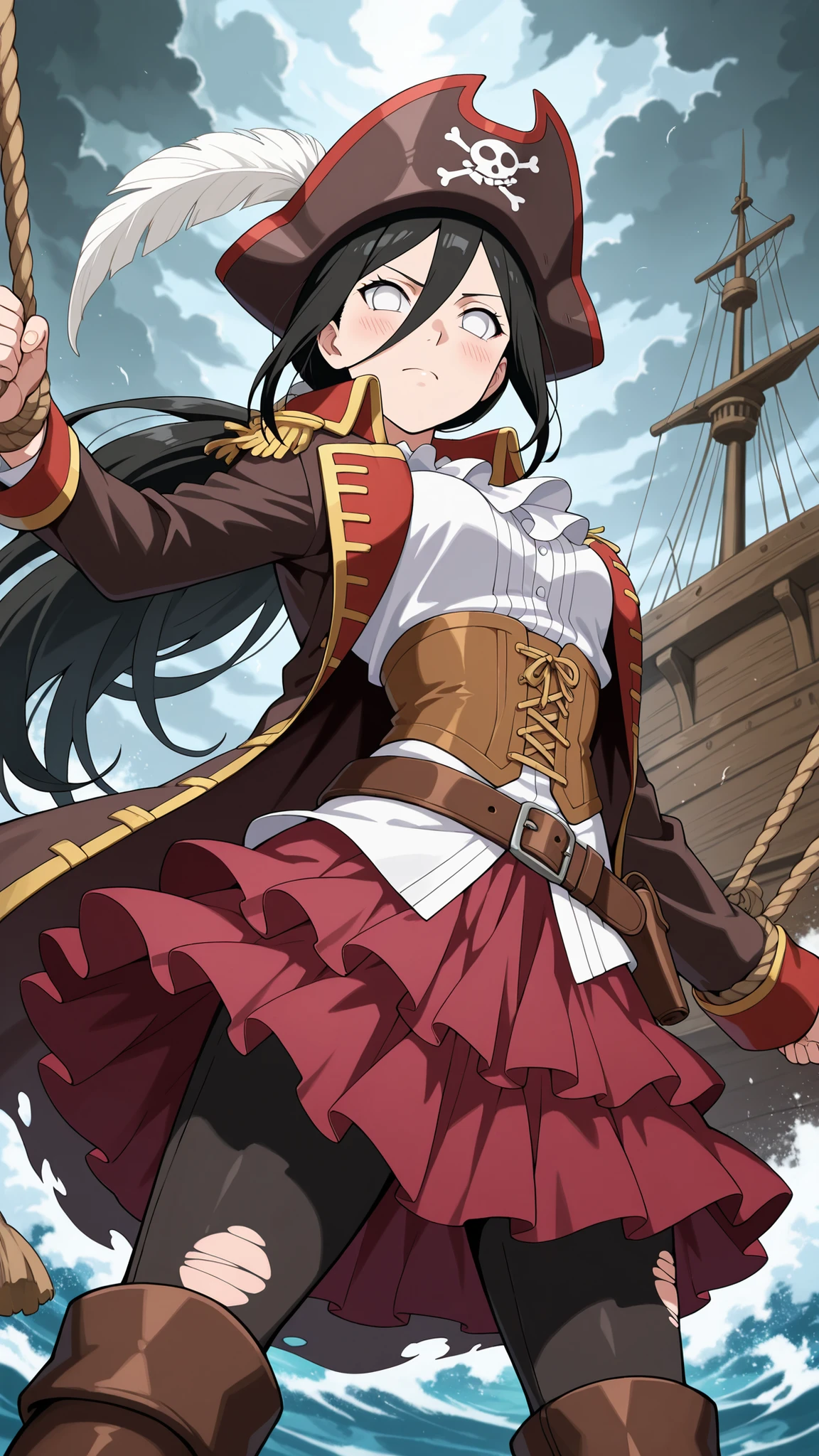 BREAK (masterpiece:1.2), best quality, high resolution, unity 8k wallpaper, (illustration:0.8), (beautiful detailed eyes:1.6),Wooden deck of an old pirate ship,
waves crashing violently against the hull,
sails torn and ropes whipping in the wind,
dark storm clouds above,
anime cinematic scene, dramatic and detailed, hanabi hyuuga, long hair, black hair, hair between eyes, white eyes, no pupils,Detailed design of female pirate outfit,
tricorn hat with feathers,
long leather coat with golden embroidery,
corset with belts and straps,
flowing white blouse,
layered skirt with torn edges,
high boots under the skirt,
cutlass and pistol holsters on the belt,,blush,looking at viewer,cowboy shot,from below,arched back,
