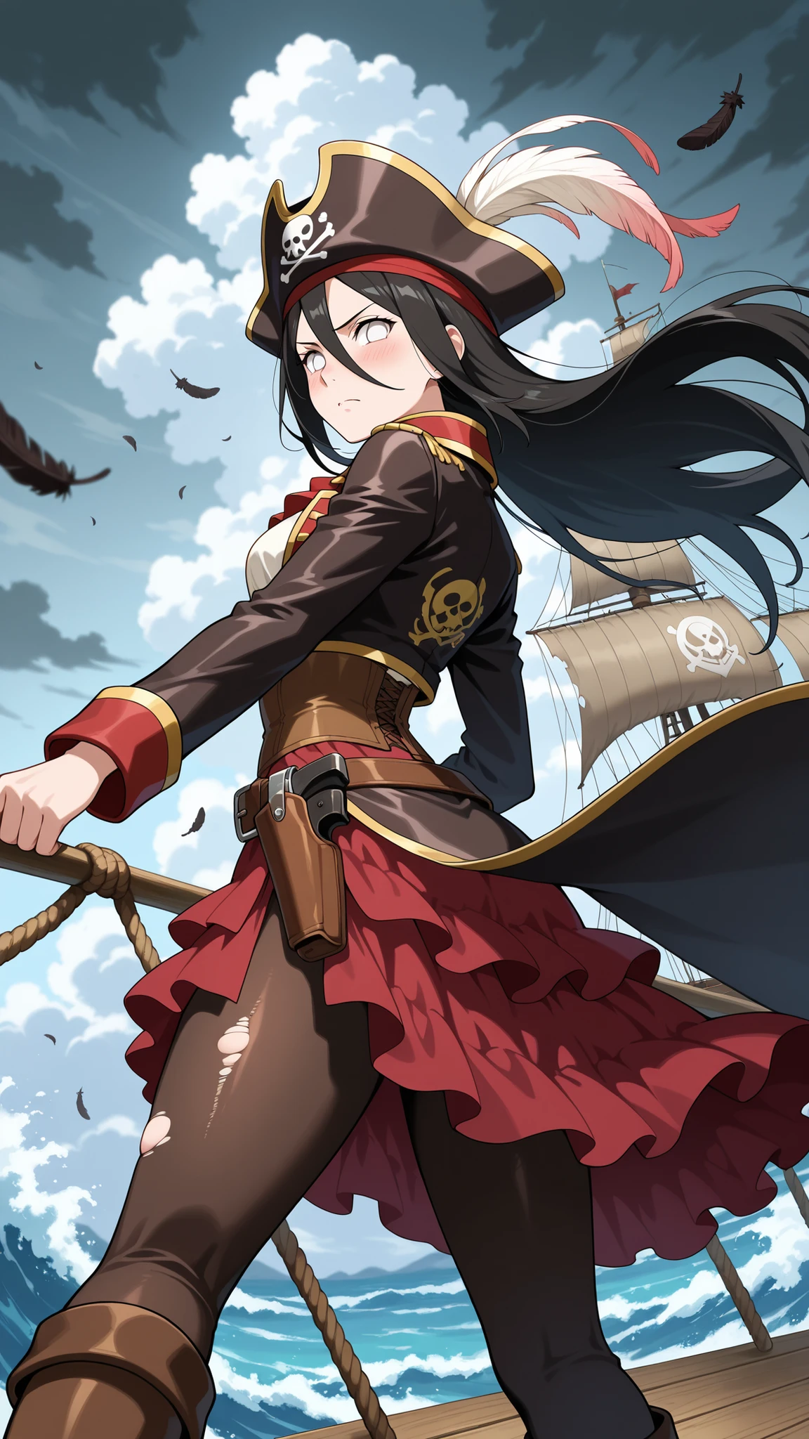 BREAK (masterpiece:1.2), best quality, high resolution, unity 8k wallpaper, (illustration:0.8), (beautiful detailed eyes:1.6),Wooden deck of an old pirate ship,
waves crashing violently against the hull,
sails torn and ropes whipping in the wind,
dark storm clouds above,
anime cinematic scene, dramatic and detailed, hanabi hyuuga, long hair, black hair, hair between eyes, white eyes, no pupils,Detailed design of female pirate outfit,
tricorn hat with feathers,
long leather coat with golden embroidery,
corset with belts and straps,
flowing white blouse,
layered skirt with torn edges,
high boots under the skirt,
cutlass and pistol holsters on the belt,,blush,looking at viewer,cowboy shot,from below,arched back,from behind,back photo