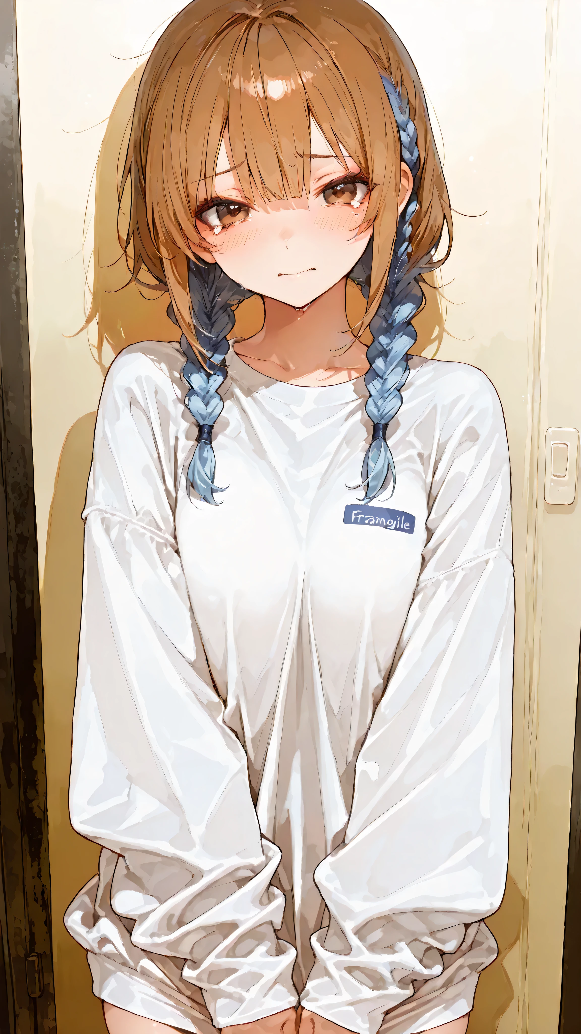 Lazy_Costume,Lazy, を着たfragile emotional expression, loose and COMFORTABLE FIT, Single Sleeve, Sleeves That Go Past Your Wrist, small blue braids on the left side,(masterpiece, Highest Quality:1.2), 1girl, solo, upper body,
Original character,
fragile emotional expression, in a modern powder room, 右前髪が少し長い,
odd-eye, eyes with slightly longer right bangs,
teary eyes, Wearing、wearing an oversized white Y-shirt {x} touching just below my golden eyes, fragile emotional expression,
を着たfragile emotional expression, COMFORTABLE FIT,
bright brown / makeup room,
emotional,high resolution,(dutch angle:1.5)
