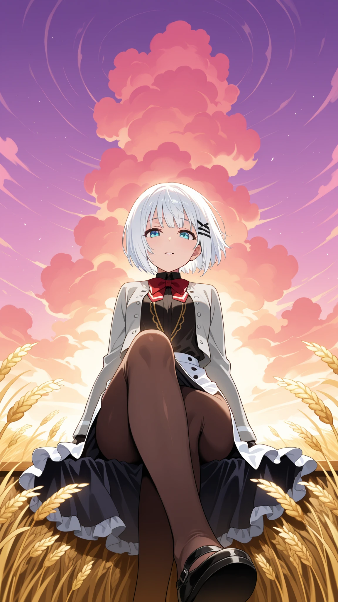 BREAK (masterpiece:1.2), endless golden wheat field glowing in the wind,  
towering cumulus clouds lit by rising sun,  
shades of purple, pink, and gold in the sky,  
horizon stretching infinitely with dramatic light,  
anime cinematic style, Makoto Shinkai inspired, ultra detailed,siesta, short hair, bangs, blue eyes, hair ornament, white hair, hairclip,,dress, bow, bowtie, red bow, red bowtie, shirt, long sleeves, jacket, pantyhose, frills, shoes, grey jacket, open clothes, black shirt,side slit,looking at viewer,cowboy shot,wide-angel,seductive expression,floatitng hair,floating dress,sitting sensually, suggestive posture, leaning back with hands behind, alluring body curves, soft expression, silky outfit, intimate atmosphere, warm lighting, ultra detailed, 4k,crossed legs,feet,from below,focus on feet,horny face,shy