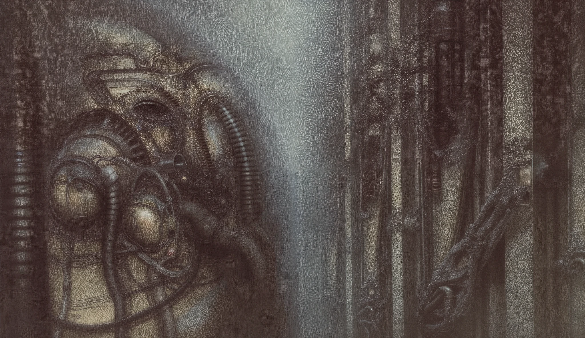 h. R. ギーガー's g1g3r, , ギーガー_style, The image is a detailed view of h.R. ギーガー's \" ニューヨーク市 \" 皿, featuring h R ギーガー's biomechanical is a digital artwork featuring vertical city set against a backdrop of 複雑な mechanical pipes and wires.. 輝く光源, 濃い曇りの霧, 蒸気の筋. (A haunting and surreal image inspired by the work of h.R. ギーガー. バイオメカニカルな , with 複雑な tubes and pipes snaking along the walls. 機械的なオブジェクトの拡大図が描かれている, 複雑な design, 未来的な機械やロボットに似た, 焼き付いた骨と象牙で作られた, 化石,ぼやけた背景に対して, 不安と神秘感を増している. 全体的な雰囲気は暗闇 , 減衰, 知られざるものの不安な性質, 最高品質:1.4) The artistic manner would be unmistakably ギーガーesque. 暗く不安な美が作品全体に浸透するだろう, 魅力と嫌悪感の境界線を曖昧にする , 醜悪な魅力に永遠に悩まされています. ギーガー's signature artistic manner would be evident in every stroke. アーティストは、作品の中の輪郭と質感を描くために、注意深い線画を用いている, (三位一体:1.1), (プロポーション:1.1), , (反射光:1.2), パーチメント, 超詳細, 複雑な,, dry b (最高品質:1.4), h.R. ギーガー, BY ギーガー