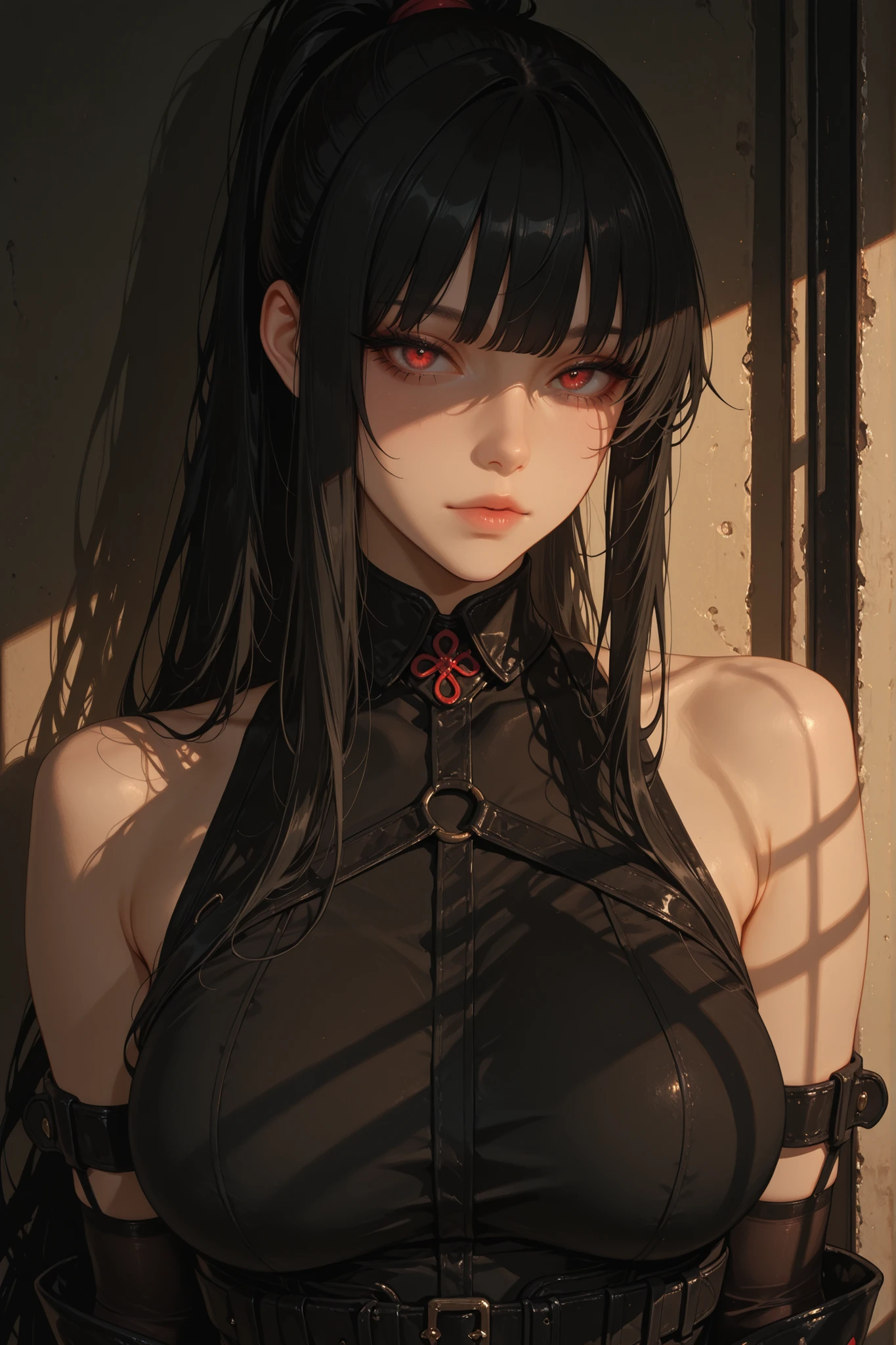 masterpiece, best quality, amazing quality, newest, very aesthetic, 1girl, solo, red eyes, long hair, upper body, black hair, ponytail, breasts, bangs, gloves, bare shoulders, looking at viewer, sleeveless, diffused lighting, soft shadows, absurdres, highres