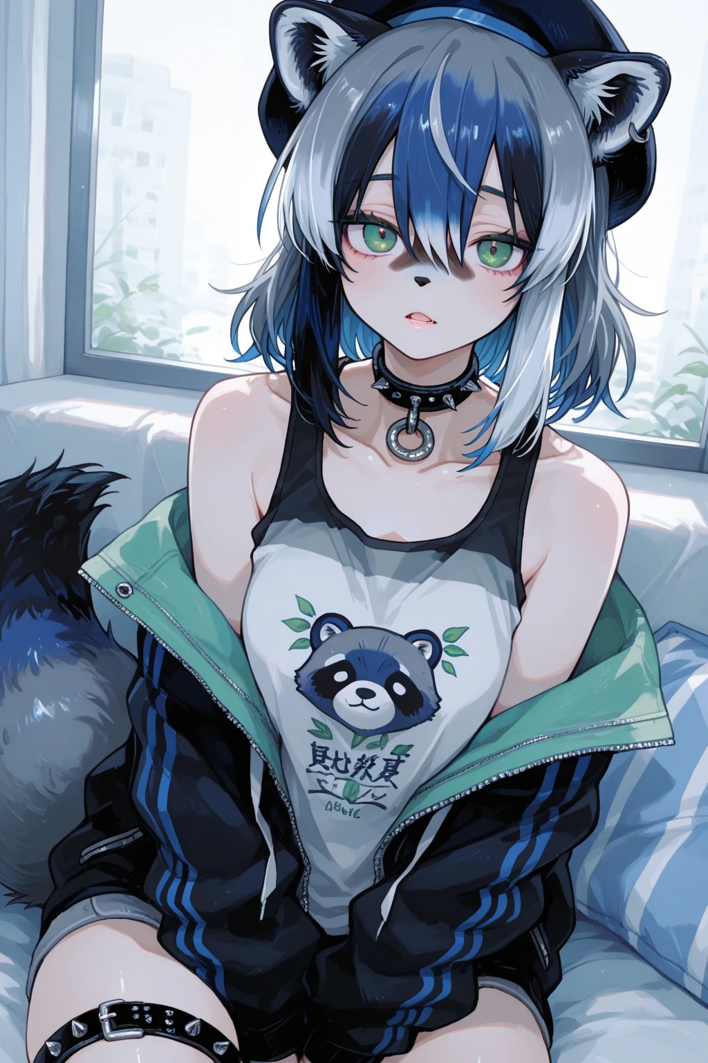 Solo, score_9,score_8_up,score_7_up, a young nerdy Anthro furry wolf woman, white furry body, tall, awkward, long black messy hair, hair covering one eye, long black hair, blue eyes, black glasses, small , white wolf tail, wearing red tank top, looking annoyed, holding a  test,  test is positive, indoors, in a bedroom, close up, standing, front view
