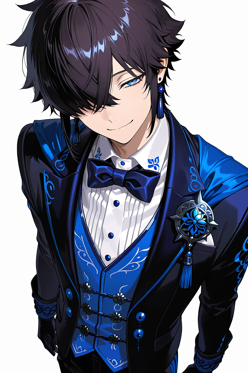 Ultra detailed, highres, absurdres, HDR, master piece, Fushimi Saruhiko, messy black hair, hair between the eyes, expressivee blue eyes, rectangular black glasses, white shirt, a gray waistcoat, long blue overcoat, K Project, fantasy, pink petals, water, pink flowers, handsome, sexy man, solo, magical, best quality, blossoms, handsome smile, blue shining fireflies