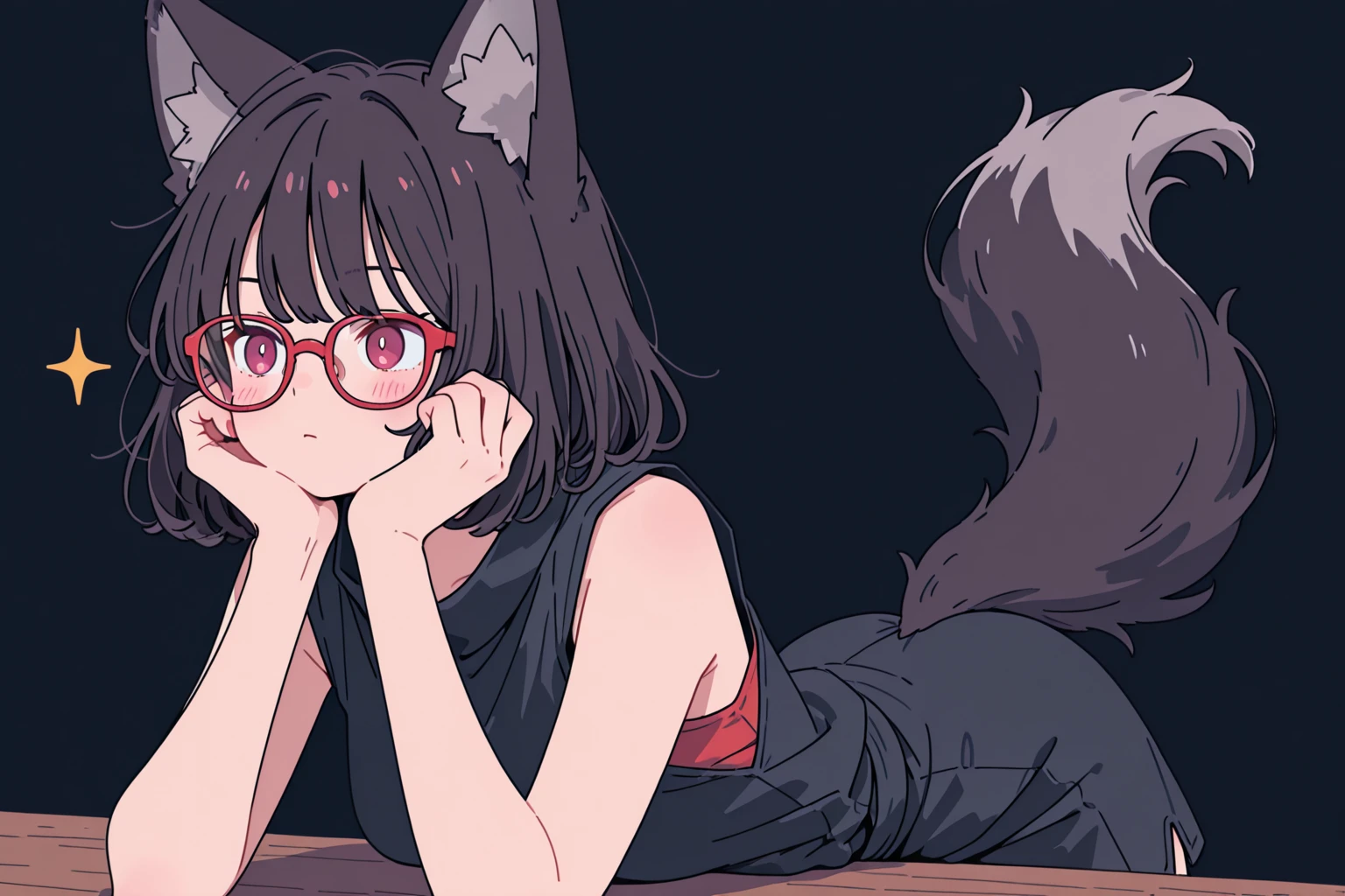 Solo, score_9,score_8_up,score_7_up, a young nerdy Anthro furry wolf woman, white furry body, tall, long black messy hair, white wolf tail, hair covering one eye, long bangs, long black hair, blue eyes, black glasses, small breasts, white wolf tail, , wearing only black , thigh high socks with  toes, 4 toes , bored expression, eyes half open, lying on a bed, lying on her stomach, feet up, holding a gameboy, looking at gameboy,