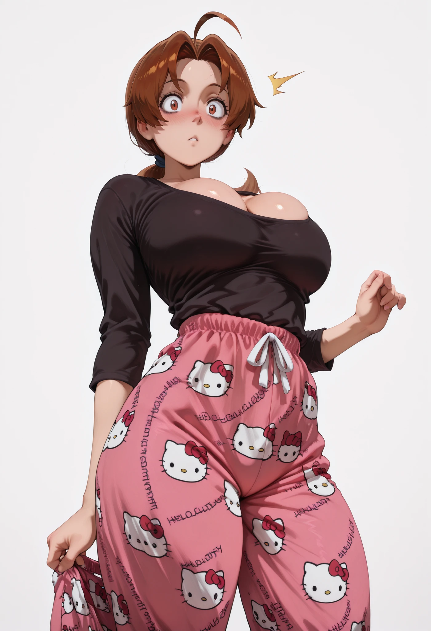 deliaketchum, brown hair, brown eyes, parted bangs, ahoge, ponytail, low ponytail, Solo, Delia Ketchum from Pokémon, BIG BREASTS , shiny skin, shiny hair, shiny body, clear body, white background, empty background, ,, , DYNAMIC POSE , white background, empty background, BAGS UNDER EYES, LARGE BREASTS,, STANDIN UPRIGHT, COWBOY SHOT, POSING, cleavage, CLEAVAGE, BIG ASS, shiny skin, shiny hair, shiny body, clear body, white background, empty background, standing, nice legs, looking at viewer, nose blush, shiny legs, shiny body, shiny hair, clear skin, clear body,, solo, thick thigh, thick thighs, solo, female, large breasts,hello kitty pajama pants,pink/pants,hello kitty pajama pants, pink/pants,hello kitty pajama pants,pink/pants,hello kitty pajama pants, pink/pants,, shy and surprised expression, wearing a tight black sweatshirt, pulling the hem up slightly to reveal part of her waist, view from below, COWBOY SHOT, big ass