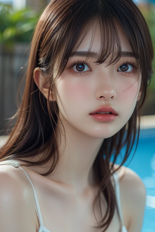 ((Best quality, 8k, Masterpiece :1.3)), 1girl, Pretty woman with emphasizing slender abs :1.3, (Dark brown hair, Ponytail, Huge breasts :1.2), Wet body:1.2, Pool, Ultra-detailed face, Detailed eyes, Double eyelid