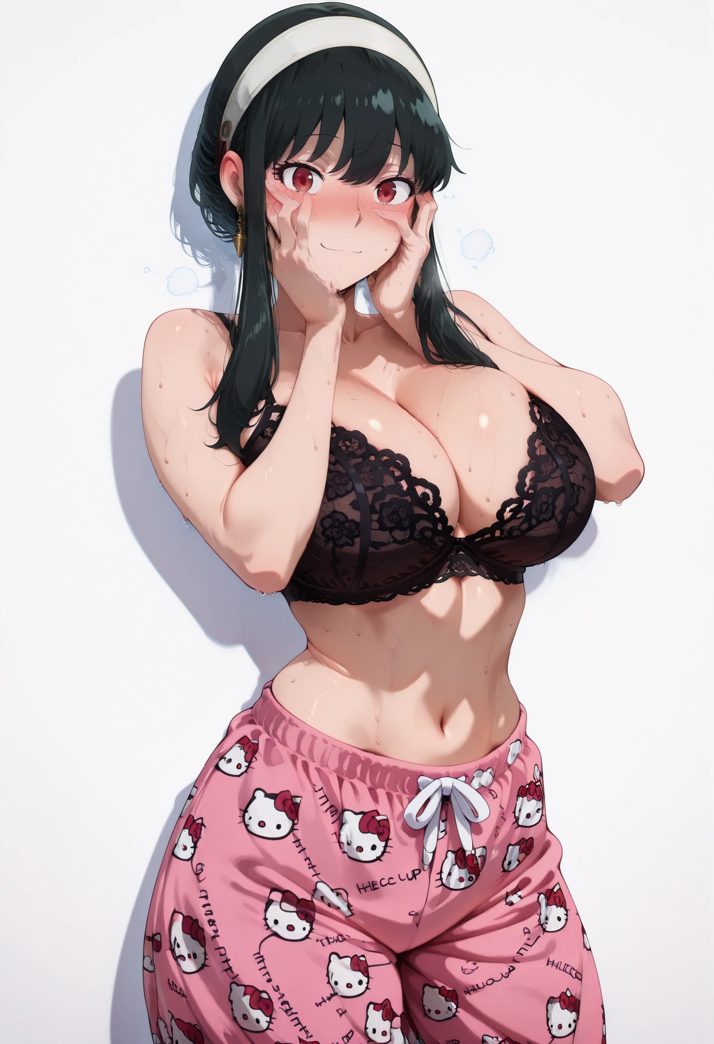 score_9, score_8_up, score_7_up, score_6_up, score_5_up, score_4_up, masterpiece, high quality, yor briar, black hair, red eyes, earrings, white hairband, hairband, long hair, sidelocks, large breasts, shiny skin, shiny hair, shiny body, clear body, large breasts, nose blush, sweat, sweaty, sweaty:1.3,, standing, nice legs,, looking at viewer, thick thigh, thick thighs, nice face, solo, opaque clothes, cowboy shot, nice legs, DYNAMIC POse, , solo, large breasts, thick thigh, dynamic pose, navel ,midriff,,, LOOKING AT VIEWER, WHITE BACKGROUND, EMPTY BACKGROUND, soft smile,, DYNAMIC POSE, sheer black lace lingerie bra, hello kitty pajama pants,pink/pants,hello kitty pajama pants, pink/pants,, hello kitty pajama pants,pink/pants,hello kitty pajama pants, pink/pants,, hello kitty pajama pants,pink/pants,hello kitty pajama pants, pink/pants, big ass, one hand behind on her, one hand on face