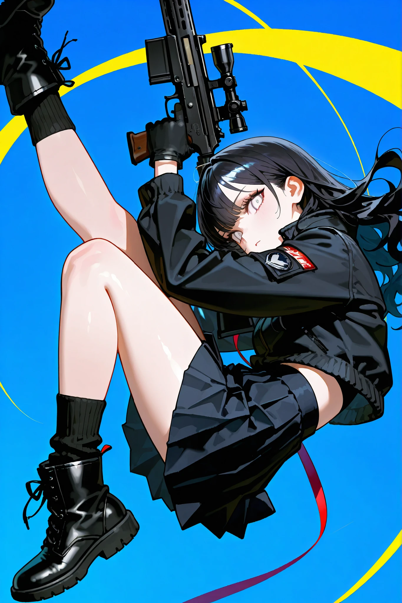 마스터피스, RAW 포토, 완벽한 퀄리티, 1 slim cute girl, 27 years old, black hair, wavy hair, see-through bangs, white eyes, aerodynamic design, black inner shirt, **long black pleated skirt**, complete black legwear coverage, and wearing black loose socks over stockings, black combat boots, an opened big black combat jacket. black leather gloves, All black fassion, She carries a handgun in a leg holster and holds a sniper rifle. dynamic pose, blue sky background. zoom in. She is siitting down

**all clothes are black. she fully clothed. no skin exposure. appropriate attire**

please no hair, no bare legs, no visible skin 