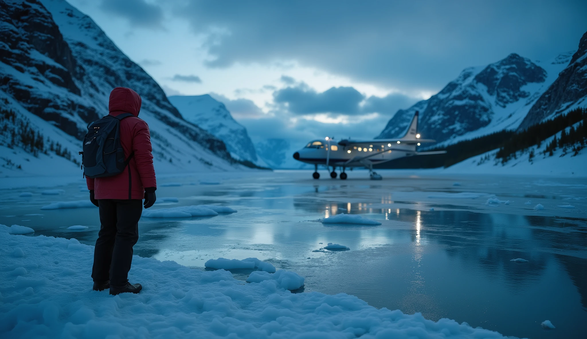 A cinematic miniature of the frozen wilderness of Alaska. In the distance, the ghostly figure of a dark tourist in a red jacket stares at the viewer. The plane glows faintly under the icy water. High contrast, dark atmosphere, minimal clutter, ultra-realistic 8K resolution, works well even on small screens."