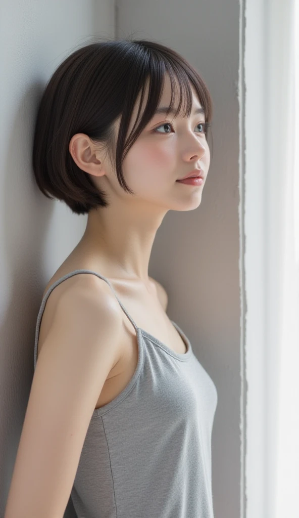 (white long camisole,  white , shirt lift, self-lift: 1.2), from top, upper body, masterpiece, best quality, raw photo, photorealistic, small , face light, film grain, chromatic aberration, absurdity, high resolution, ultra detail, detail, detailed eyes and face, sharp pupils, realistic pupils, sharp focus, indoors, short hair, sad look, wet BODY