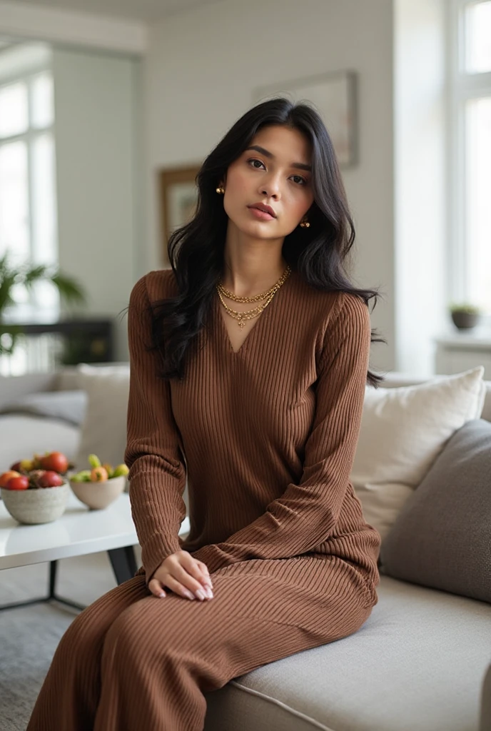 young woman, dressed, brown, in a sofa
