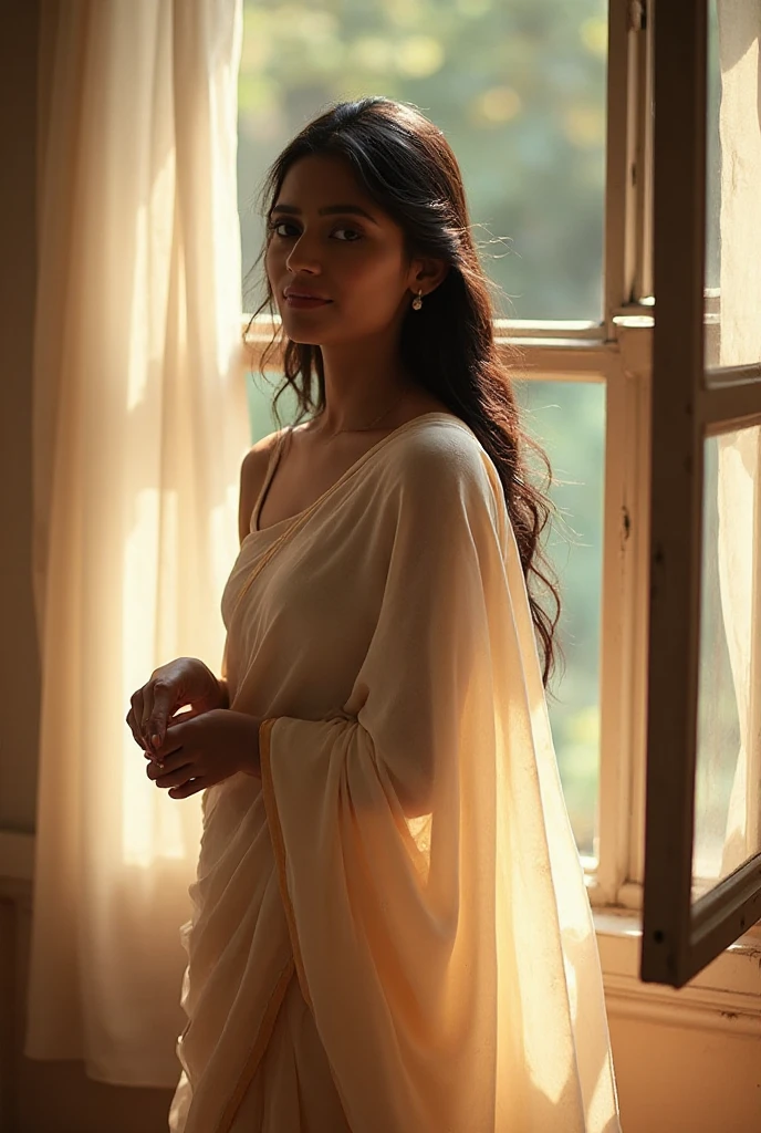 Face of a beautiful North Indian woman in ethnic clothing close up in the center of the sheet., without going over the edges, Dark hair, strand, escaping from under the cape, on a clean dark background, soft light, Highest Quality, high detail, hyper realisitc, Hyperrealistic photo, cinematic quality, high detail, Raw
