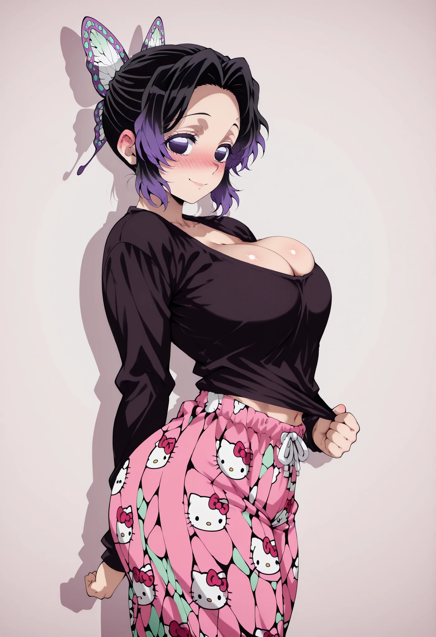 score_9, score_8_up, score_7_up, source_anime, shinobukochou, shinobu kochou, black hair, butterfly hair ornament, forehead, gradient hair, hair ornament, multicolored hair, parted bangs, purple hair, short hair, two-tone hair,, nose blush, looking at viewer,,, large breasts, POSING, nose blush, looking at viewer, shiny skin, shiny hair, shiny body, clear body, NICE LEGS,, opaque clothes, SOLO, shiny skin, shiny hair, shiny body, clear body,, large breasts, nose blush,,, standing, nice legs,, looking at viewer, thick thigh, thick thighs, nice face, solo, STANDING, POSING,, thick thigs, slim waist, POSING, STANDING, COWBOY SHOT, OPAQUE CLOTHES, , POSING, side pose, soft smile, LARGE BREASTS, CLEAVAGE, hello kitty pajama pants,pink/pants,hello kitty pajama pants, pink/pants,hello kitty pajama pants,pink/pants,hello kitty pajama pants, pink/pants,, shy expression, wearing a tight black sweatshirt, pulling the hem up slightly to reveal part of her waist, navel, midriff, big ass, side pose, dynamic pose, side pose, view from side, side looking, BIG ASS, thick thigs, wide hips, slim waist, one hand behind on her,, POSING, HUGE BREASTS, HUGE ASS