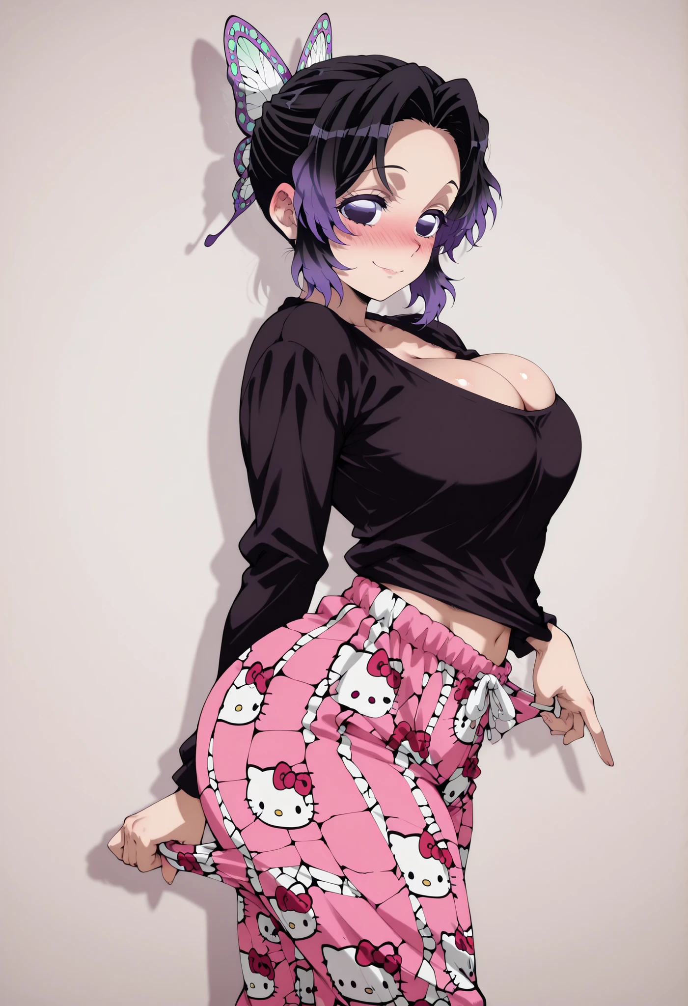 score_9, score_8_up, score_7_up, source_anime, shinobukochou, shinobu kochou, black hair, butterfly hair ornament, forehead, gradient hair, hair ornament, multicolored hair, parted bangs, purple hair, short hair, two-tone hair,, nose blush, looking at viewer,,, large breasts, POSING, nose blush, looking at viewer, shiny skin, shiny hair, shiny body, clear body, NICE LEGS,, opaque clothes, SOLO, shiny skin, shiny hair, shiny body, clear body,, large breasts, nose blush,,, standing, nice legs,, looking at viewer, thick thigh, thick thighs, nice face, solo, STANDING, POSING,, thick thigs, slim waist, POSING, STANDING, COWBOY SHOT, OPAQUE CLOTHES, , POSING, side pose, soft smile, LARGE BREASTS, CLEAVAGE, hello kitty pajama pants,pink/pants,hello kitty pajama pants, pink/pants,hello kitty pajama pants,pink/pants,hello kitty pajama pants, pink/pants,, shy expression, wearing a tight black sweatshirt, pulling the hem up slightly to reveal part of her waist, navel, midriff, big ass, side pose, dynamic pose, side pose, view from side, side looking, BIG ASS, thick thigs, wide hips, slim waist, one hand behind on her,, POSING, HUGE BREASTS, HUGE ASS