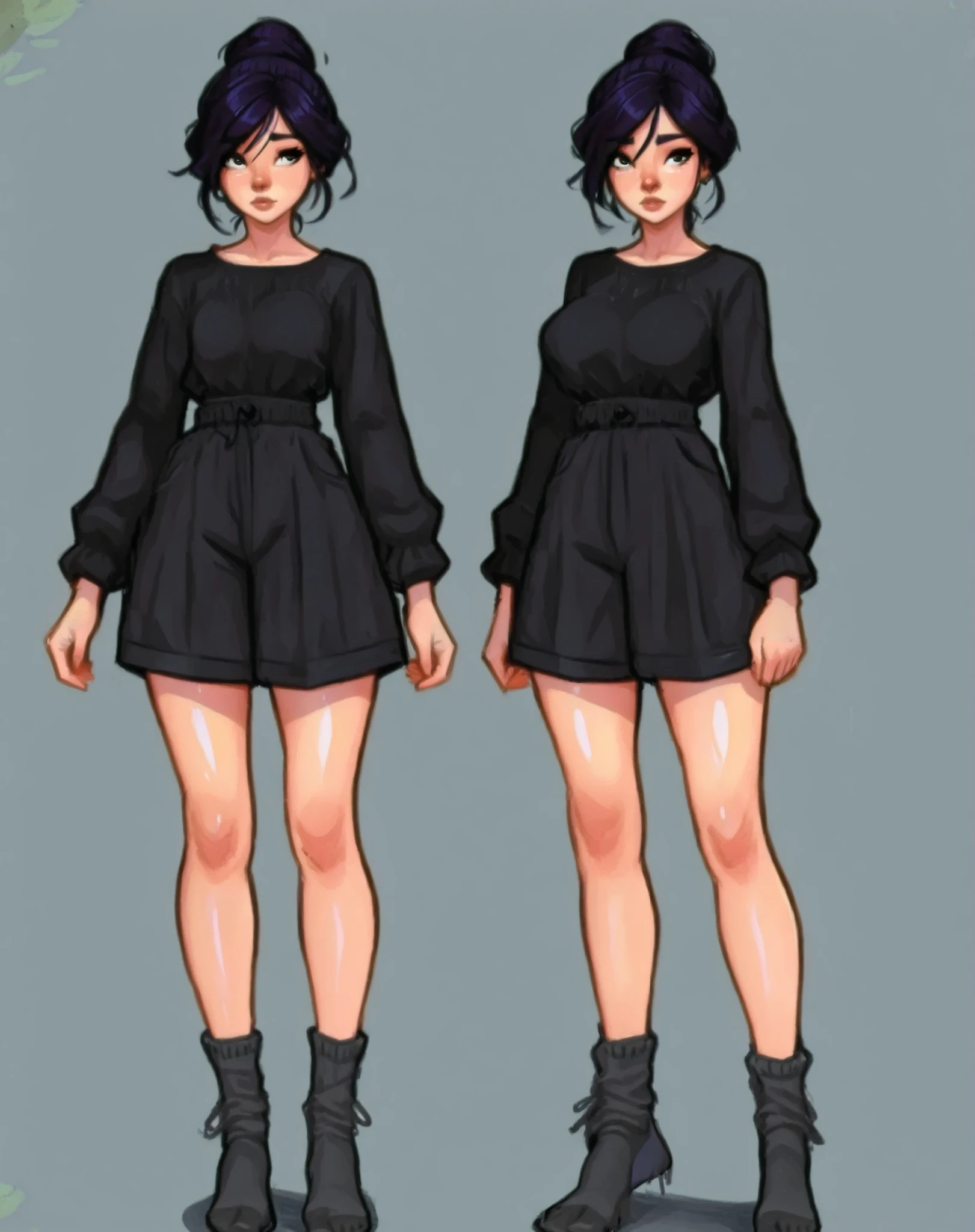 dkri style:1.5, masterpiece, legs, standing straight, front view, focus on legs and feet, no shoes, bare feet, black shorts, Slim and beautiful legs, slender beauty, lower body close-up, at home, , Oily and shiny skin, illustrStyle, sevenseven style