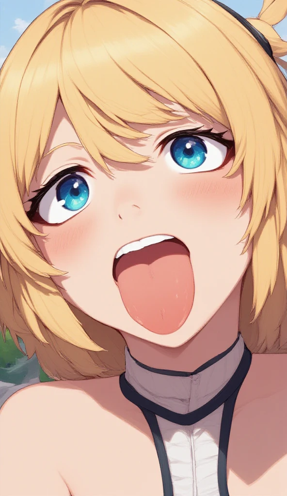 1 girl,blonde hair,bob,bangs,purple eyes,nail,全,,big breasts,big breasts,,,Tube top,smile,Happy,heavy breathing,Put your hands on your face,choker,whole body