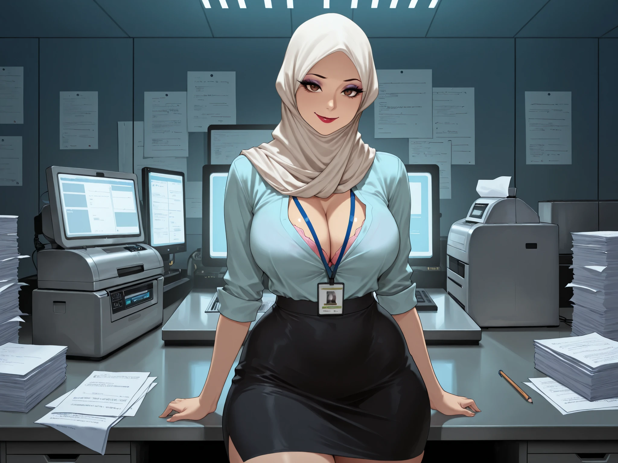 1girl, Arabic, brown eyes, large natural breasts, saggy, curvy figure, small waist, wide hips, in silk hijab, light blue shirt, cleavage, pink bra, underwear, lanyard, black skirt, pencil skirt, eyeshadow, long eyelashes, lipstick, exhausted expression, slightly slouched posture, standing beside a copy machine, placing papers inside, faint glow from copier light reflecting on her face, masterpiece, highly detailed
BREAK
corporate office interior at night, dim lighting, scattered papers on a desk, empty chairs and cubicles in the background, stacks of documents, quiet empty atmosphere, cinematic mood
BREAK
camera angle: medium shot, side view capturing both the woman and the copy machine, contrast of blue night tones and the warm copier light, dramatic lighting, looking at viewer, smiling.