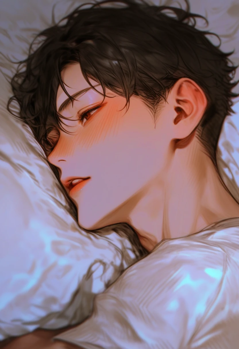 Take a picture ，White bed， is in good shape ， smooth skin ， Korean comic style ， a male classmate ， and look up at the camera，Young and energetic， is in good shape ，Strong white skin ，Reach out，wet hairstyle ， a handsome face and a small face ， Sweating，Gasp ， blush,An 18-year-old boy ， Glamorous Eyes 