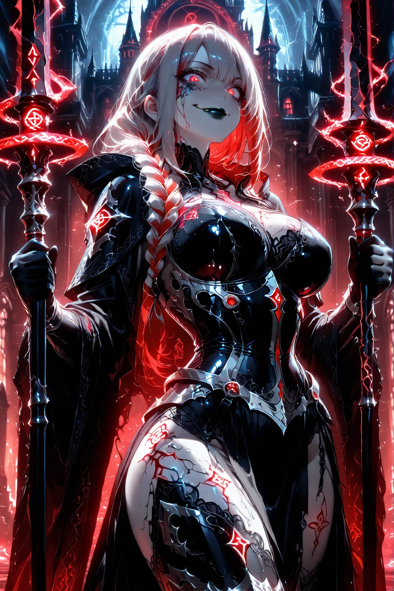 UHD, masterpiece, anatomically correct, textured skin, super detail, best quality, high-res, 16k, 1girl, solo, jet black and red long hair straight with long braid, pale skin, red eyes, black lipstick, evil smile, black open magic robe black and gold color, light armor, armored corset push up, big breasts, wide hips, corruption on body, runes glowing on clothes, holding edgy evil staff, black lighting bolts around with red glow, large castle library background