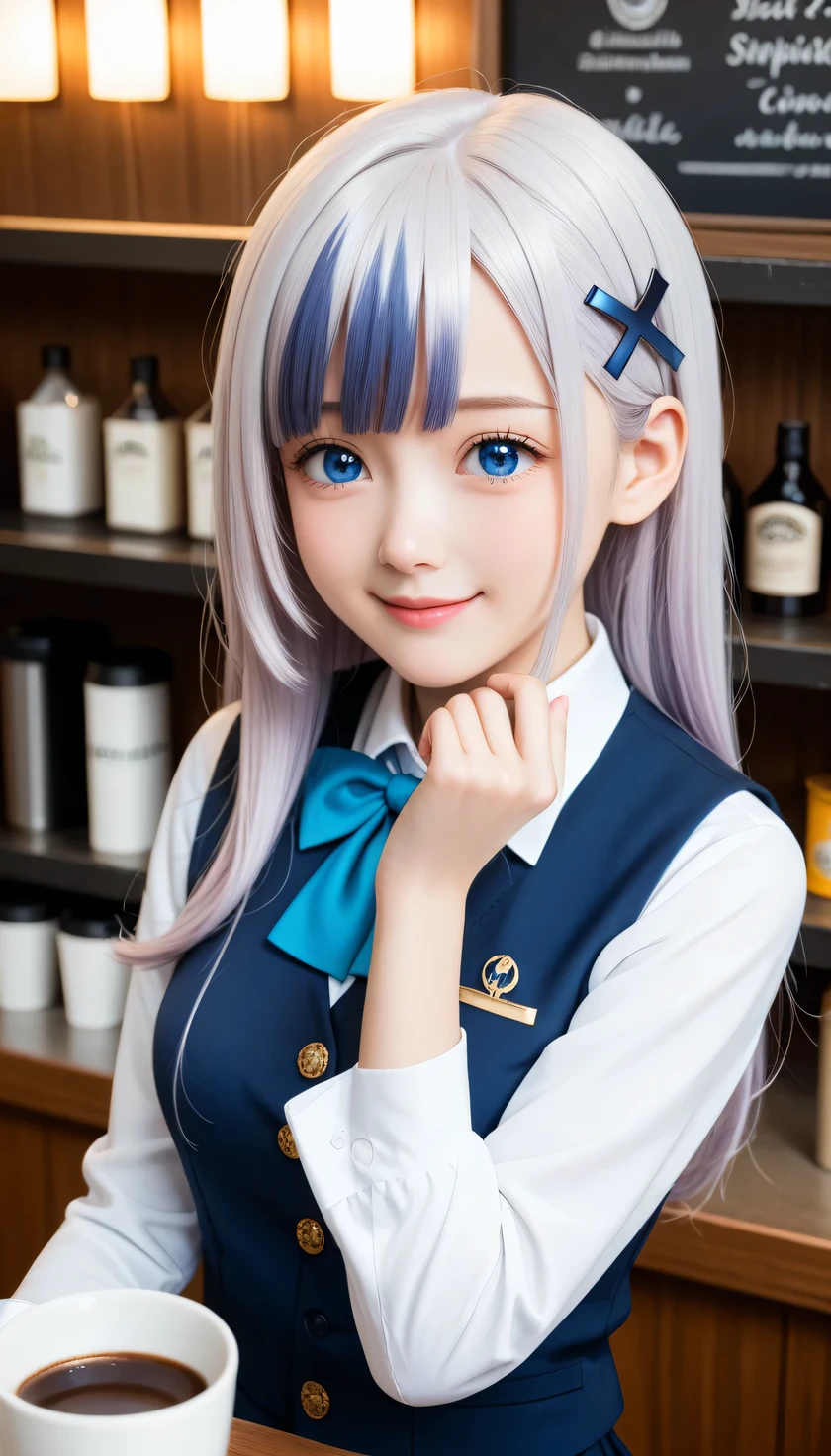 {{{masterpiece}}}, (best quality:1.5), (ultra-detailed:1.5), {illustration}, {{an extremely delicate and beautiful}}, (beautiful detailed eyes:1.2), absurdres, highres, extremely detailed face, 16k, hd, visual anime de uma jovem mulher, extremamente bonito rosto de anime, anime melhor garota, (perfect hands, perfect anatomy), anime face, Chino Kafuu(Gochuumon wa Usagi desu ka?), c-chino, 1girl, solo, cute face, (periwinkle hair:1.3), (long hair:1.2), x hair ornament, bangs, sidelocks, round face, big eyes, (blue eyes:1.2), (High resolution eyes, Beautiful eyes, Light in the eyes), flushed cheeks, short of a person, medium breasts, big hips, curvaceous, BREAK, (blue vest:1.2), tuck out, blue bowtie, collared shirt, white shirt, long sleeves, black skirt, (long skirt:1.2), flared skirt, blue lining, white socks, crew socks, BREAK, 1girl, solo, smiling, expressionless, animal on head, brewing coffee, indoor, coffee shop, antique coffee shop, counter table, upper body