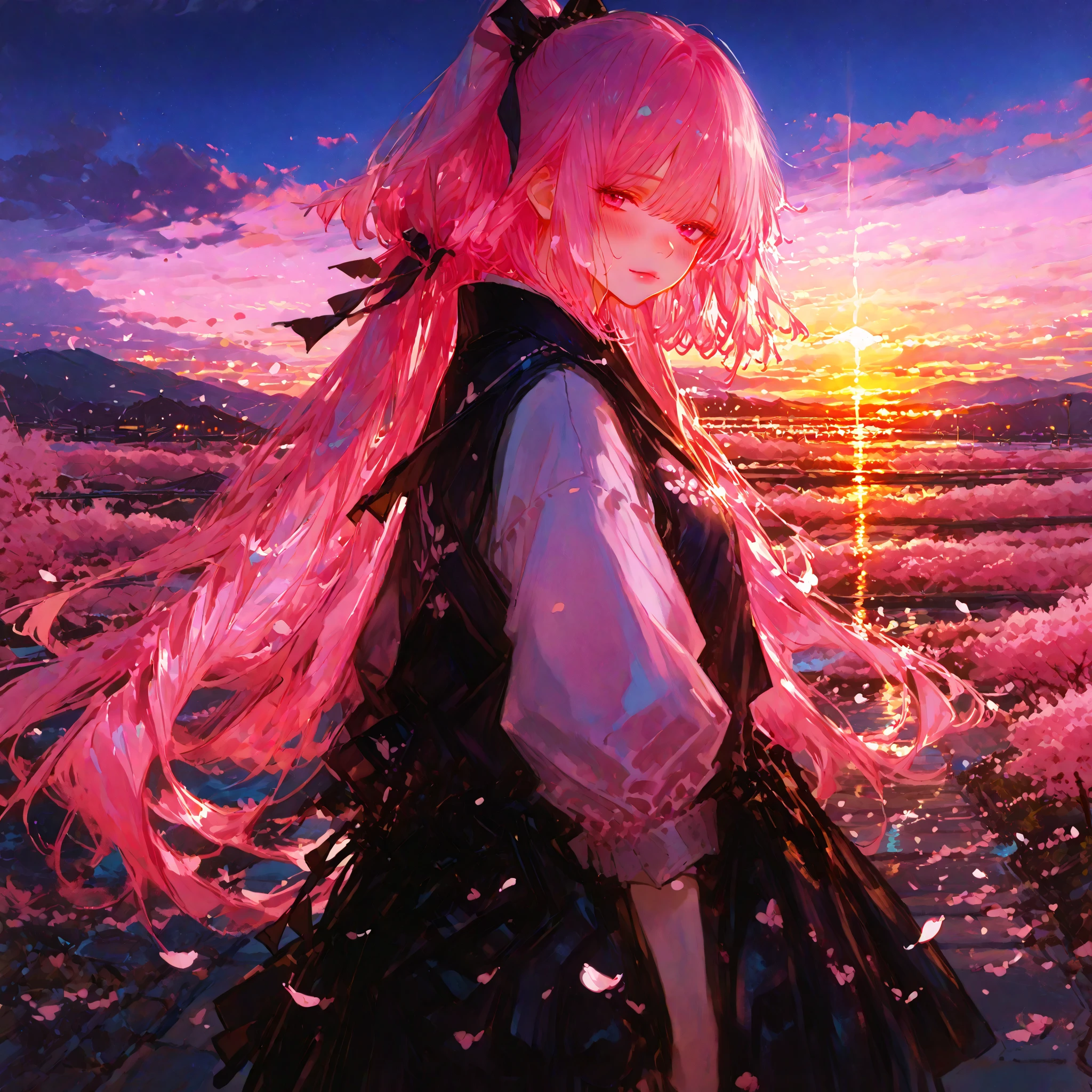 The image is of a beautiful woman wearing a tight fitting uniform. The woman has long flowing pink hair with strands of braided hair tied with red ribbon throughout. She has gorgeous green eyes that shine like emeralds. Her face is youthful and gorgeous. Her breasts are ample and seem too large for her uniform. She is short in height but well developed -a short stack. She blushes as you look at her. She's standing in an autumnal forest near a serene body of water. It's night time and a full moon lights the scene. A gentle breeze suspends fallen autumn leaves around her and lifts up her skirt revealing her blue and white striped . The image is ultra detailed with gorgeous colors, perfect line work, and detailed shading. The image really portrays the sexiness of the character. YasogamiFemaleWinter, black shirt, long sleeves, black sailor collar, yellow neckerchief, grey skirt, black thighhighs, autumn, serene water, lifted skirt,  reveal, night time, gentle breeze, 