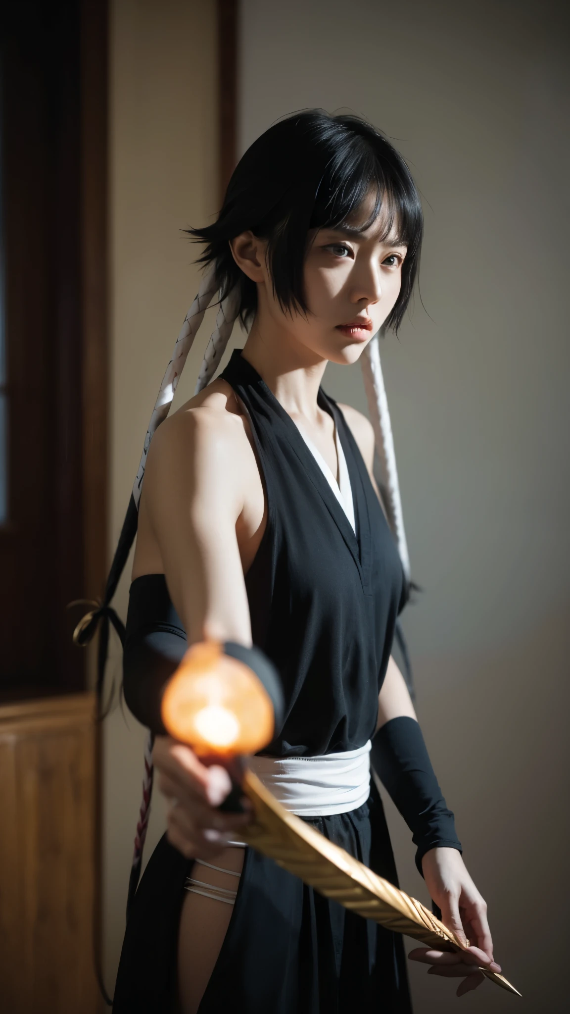 Soifon from Bleach, hyper-realistic and ultra-detailed portrait, sharp facial features with intense and disciplined expression, short black hair styled in a neat bob with two long braids, dark piercing eyes showing determination and focus, wearing her traditional black Shinigami uniform with sleeveless haori, intricate fabric textures visible, her slim yet athletic physique highlighted, holding her Zanpakutō Suzumebachi in a poised and ready stance, glowing golden accents on the weapon, dramatic lighting emphasizing her fierce aura, cinematic atmosphere with subtle mist and faint spiritual energy surrounding her, rendered in ultra-realistic style with lifelike skin texture, fine fabric details, and dynamic depth of field