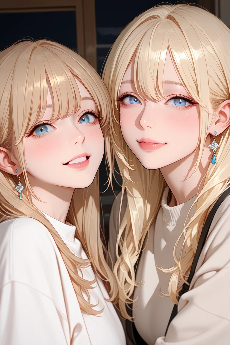 ((Biologically correct limb count))、((whole body including face))、4K、Masterpiece、((Focus on the face))、((Symmetrical, well-proportioned  features))、Eyes with delicate depictions、Two beautiful women、Outstanding style、Slender Body、(())、(smile）、High angle、Photo with white border、looking at the camera、 pose、Blonde and brunette