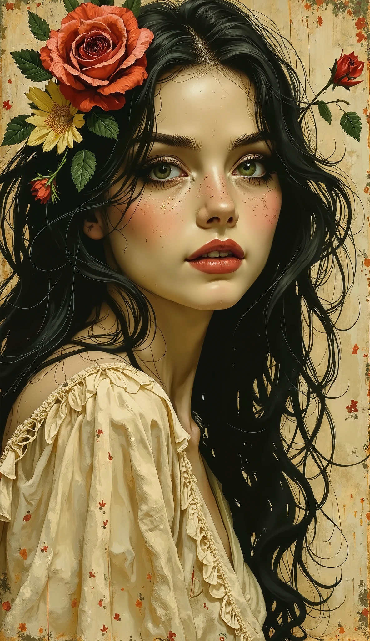 Vintage style, detailed line work, vibrant colors, imaginative themes, dynamic compositions . Classic aesthetics from 1920s to 1970s, sepia tones,pretty women, 25 old, flowers,by artists like Norman Rockwell, aged textures and nostalgic imagery, cinematic, highly complex, cool, classic, great composition, original, iconic, fine detail, sharp focus, color spread, clear background, professional